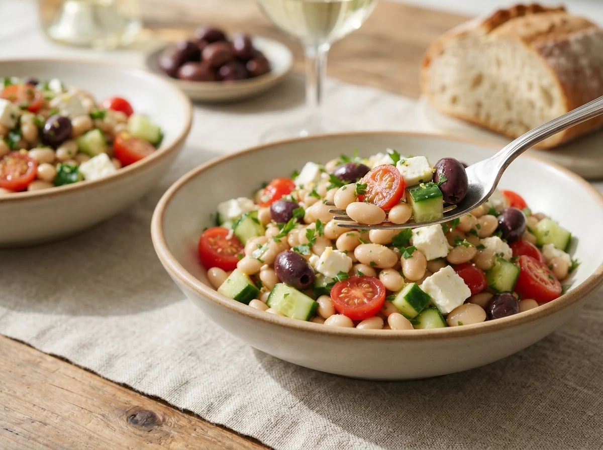 Two bowls of white bean salad on a linen tablecloth beside a glass of white wine and a small dish of olives.