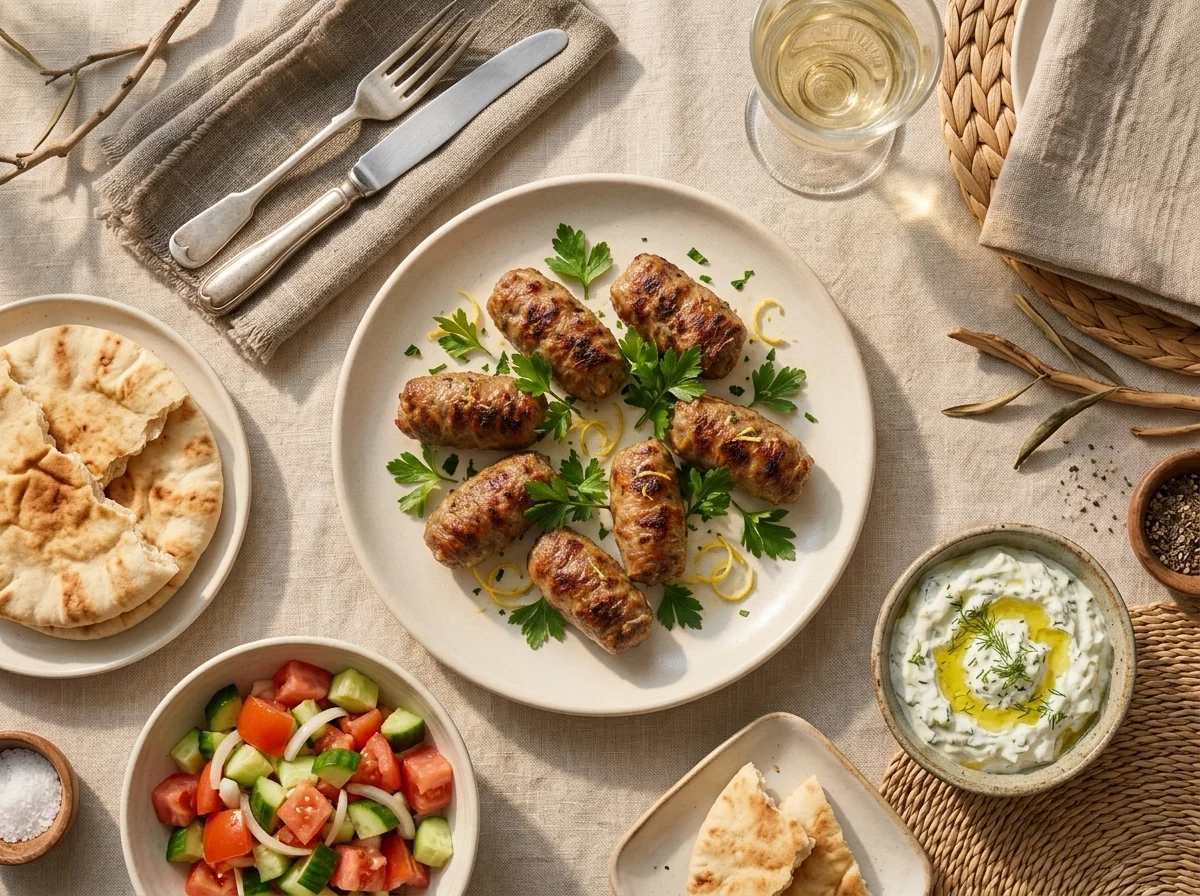 Plate of sheftalia with warm pita, tomato salad, and tzatziki set on a linen-covered outdoor dinner table