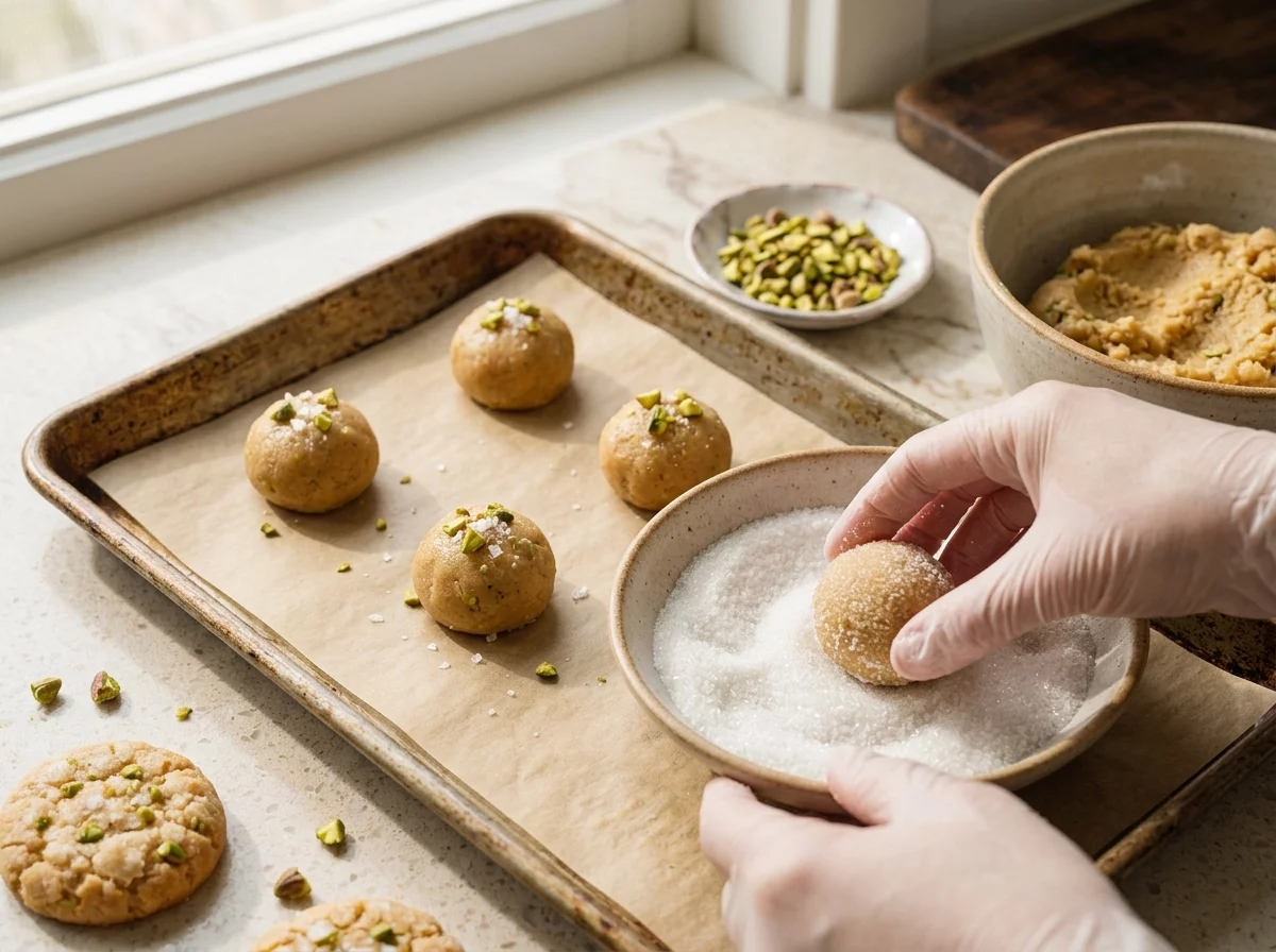 Hands rolling a ball of tahini cookie dough in granulated sugar before setting it on a parchment lined sheet pan.