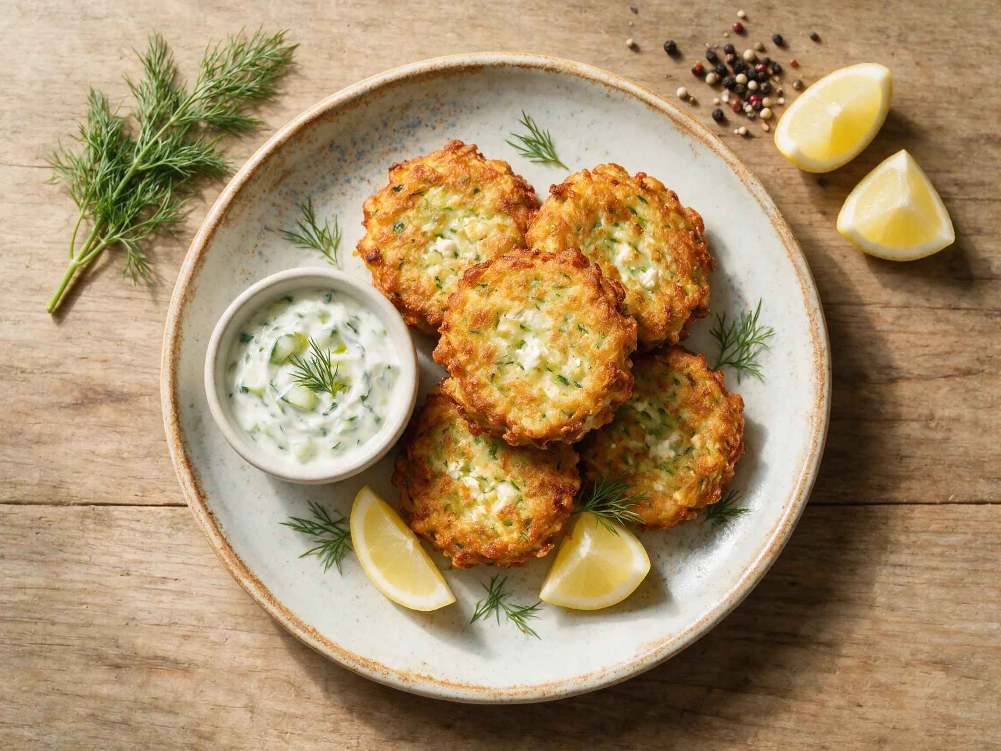 Golden Greek zucchini fritters stacked on a rustic plate with a bowl of tzatziki and fresh dill on a wooden table