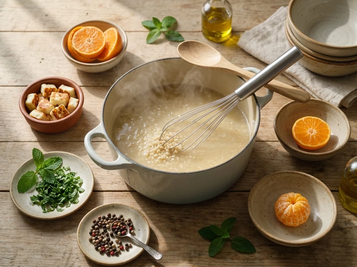 Trahana granules being whisked into simmering broth in a saucepan, steam rising and small lumps dissolving into the liquid