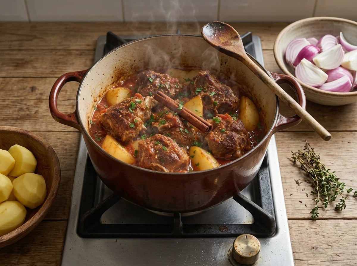 Lamb shoulder chunks searing in a dutch oven, deep brown crust forming with sliced onions waiting alongside.
