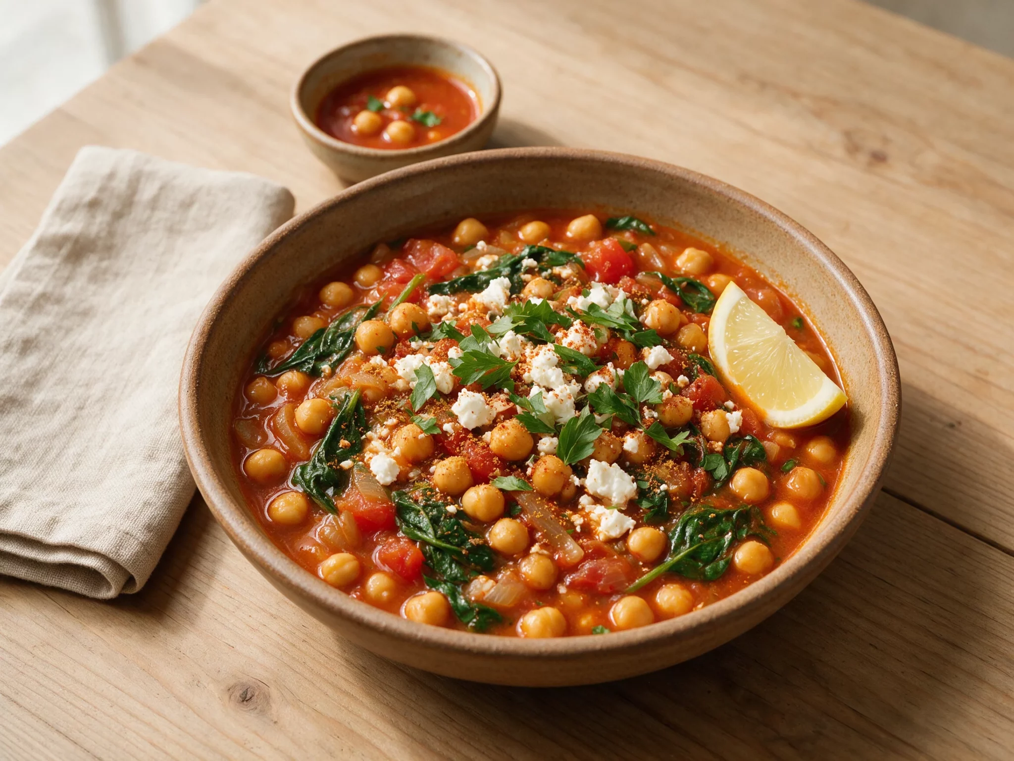Overhead bowl of Mediterranean chickpea stew topped with crumbled feta, parsley, and a lemon wedge on a wooden table