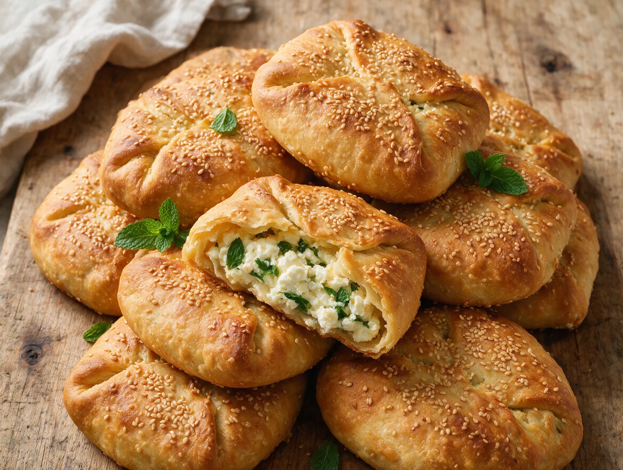 Golden baked Cypriot flaounes stacked on a wooden board, sesame seeds visible on the crust, one pie broken open showing melted cheese.