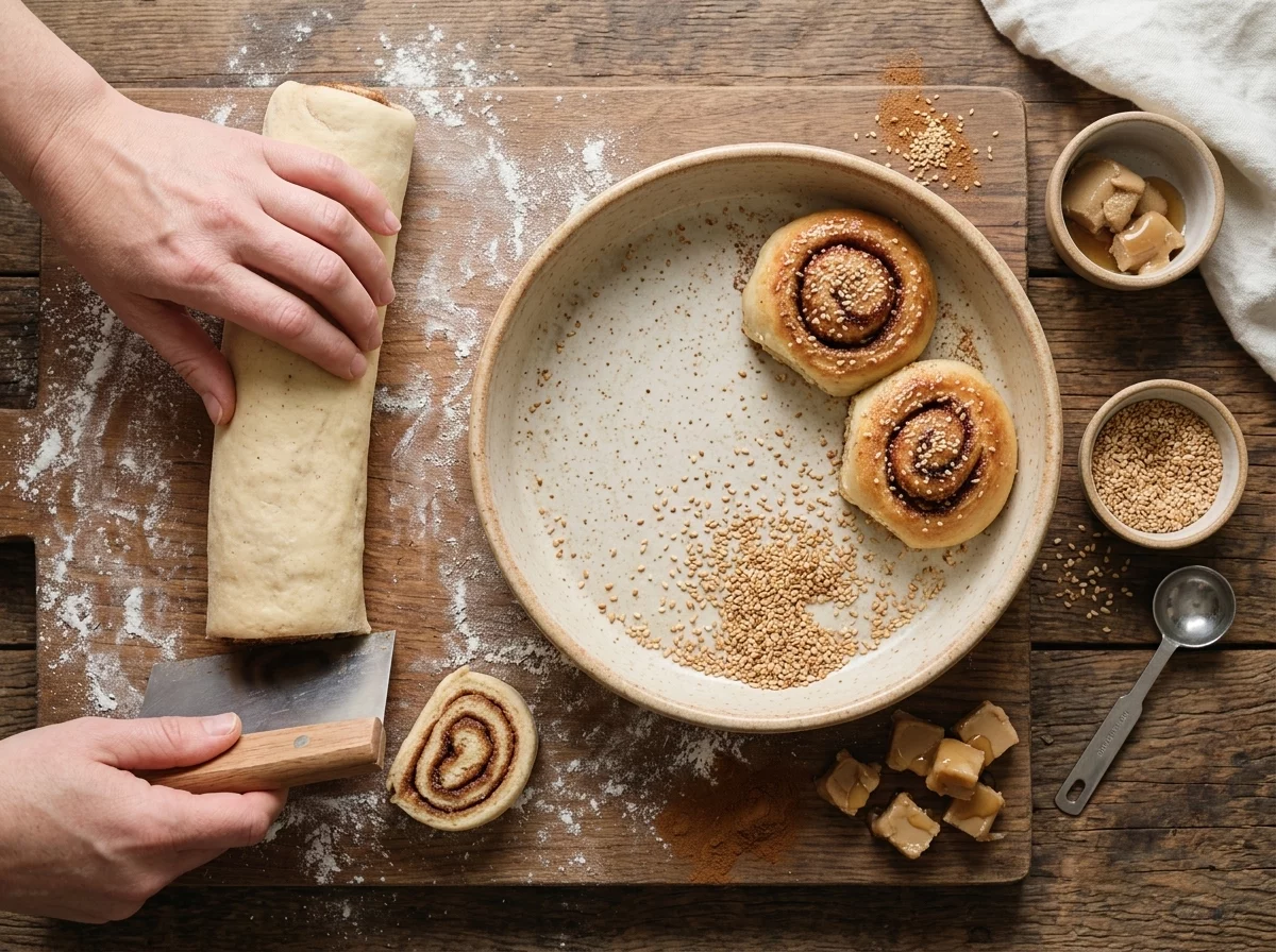 Hands rolling a cinnamon-tahini filled dough log on a floured board, showing the swirled filling at the cut edge