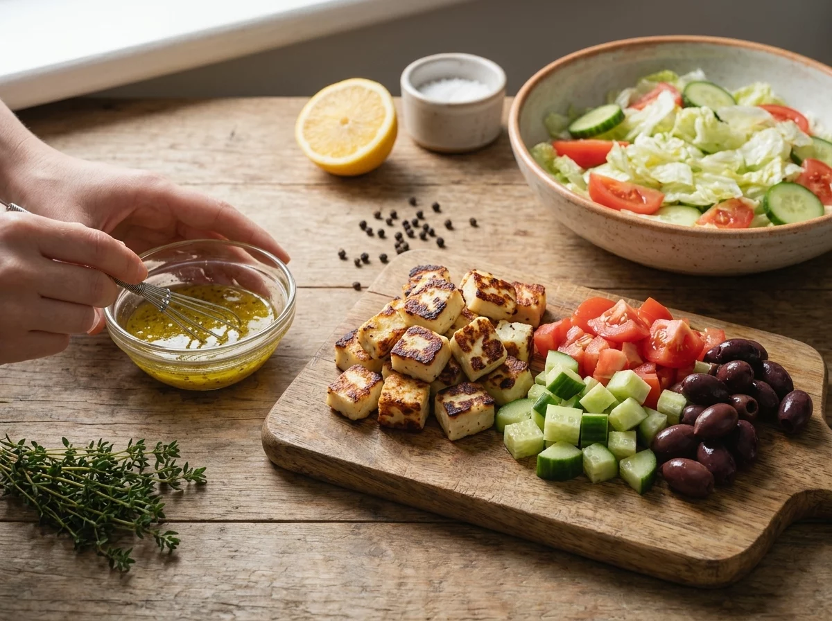 Hands whisking olive oil and lemon juice beside chopped cucumber, tomato, and cubed halloumi on a wooden board