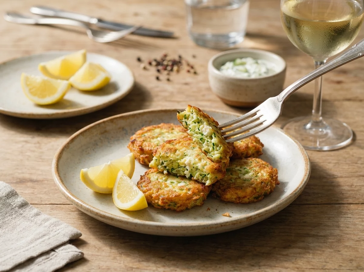 Hand reaching for a warm zucchini fritter at a table set with tzatziki, lemon wedges, and a linen napkin