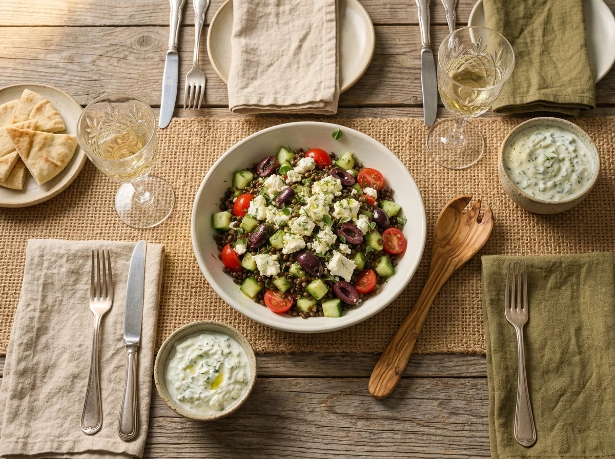 Two plates of lentil salad with warm pita and tzatziki set on a wooden table for a casual lunch outdoors