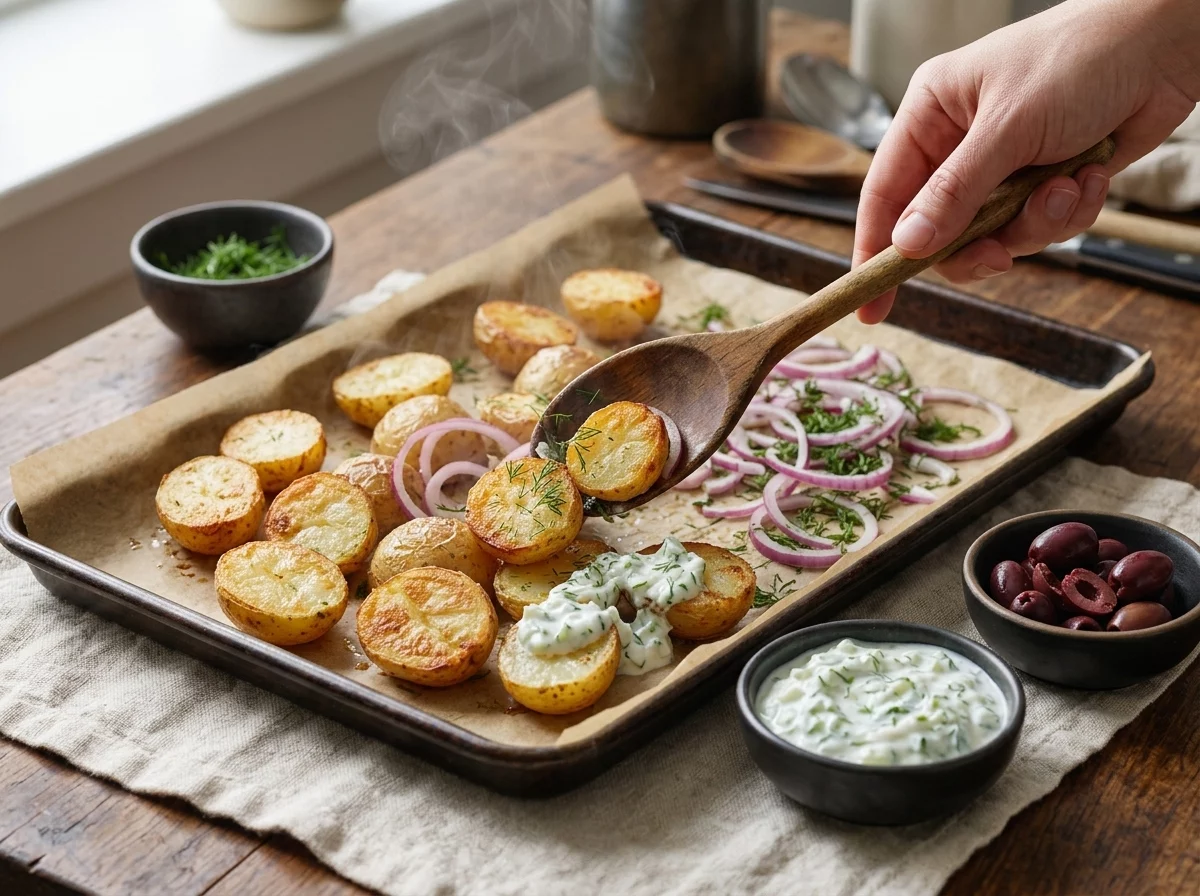 Golden potato halves roasting on a parchment-lined sheet pan, edges crisped and browned, straight out of the oven