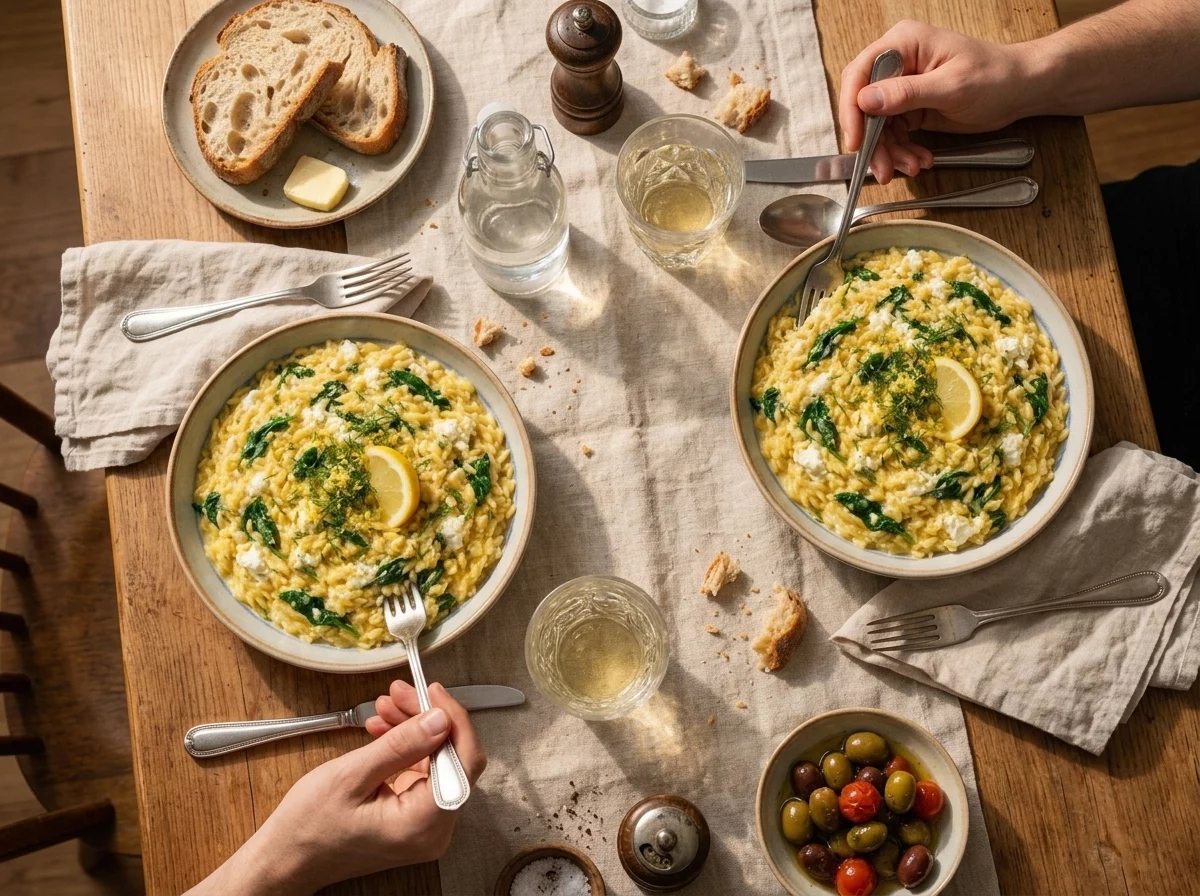Two people reaching forks into bowls of lemon orzo at a wood table with bread and a glass of white wine nearby.