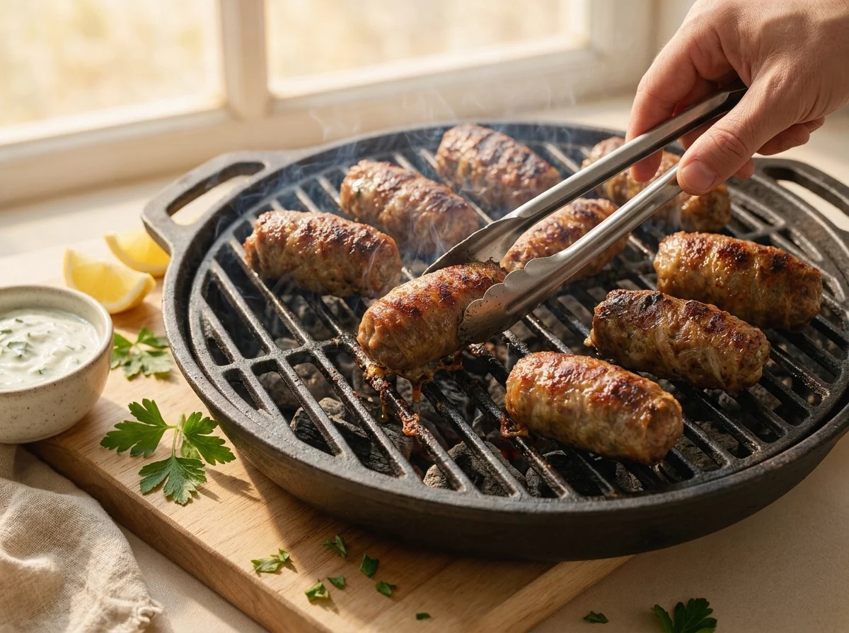 Sheftalia sausages sizzling on a charcoal grill, caul fat crisping and smoke rising as a hand turns one with tongs