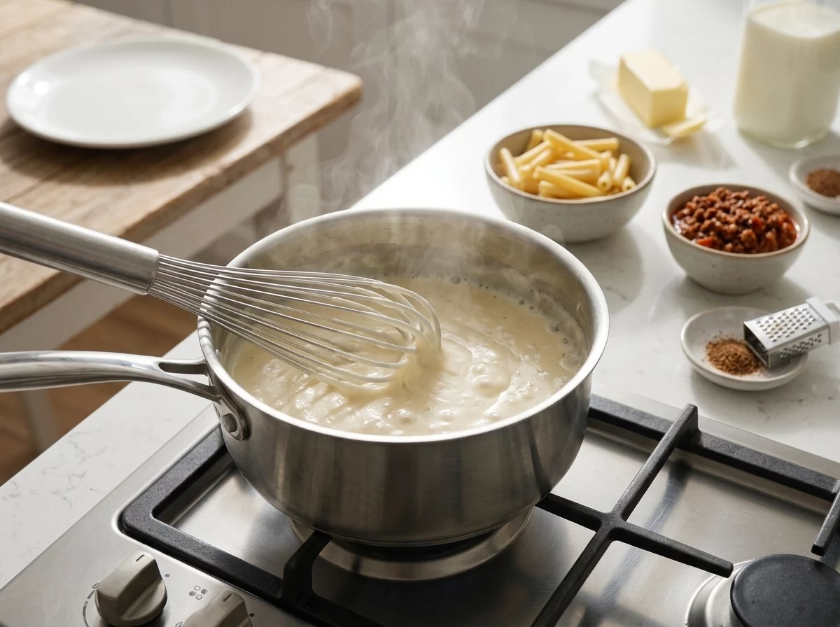 Hand whisking thick béchamel sauce in a saucepan on the stove, steam rising above the pale, glossy mixture