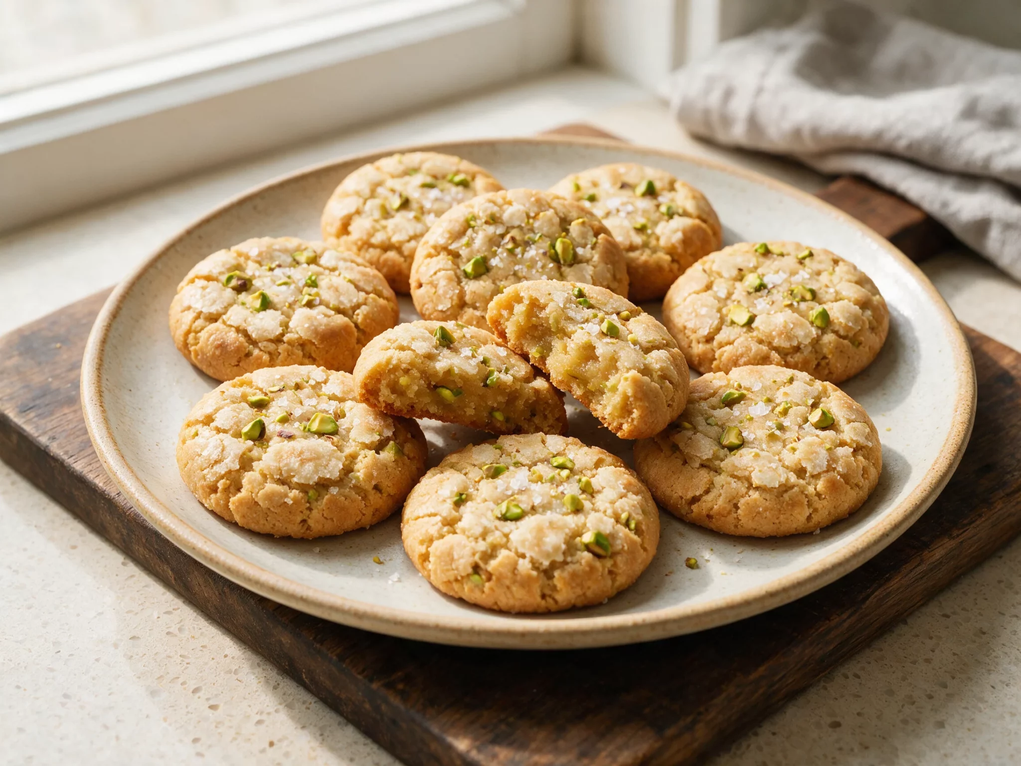 Soft Baked Pistachio Tahini Cookies with Flaky Salt