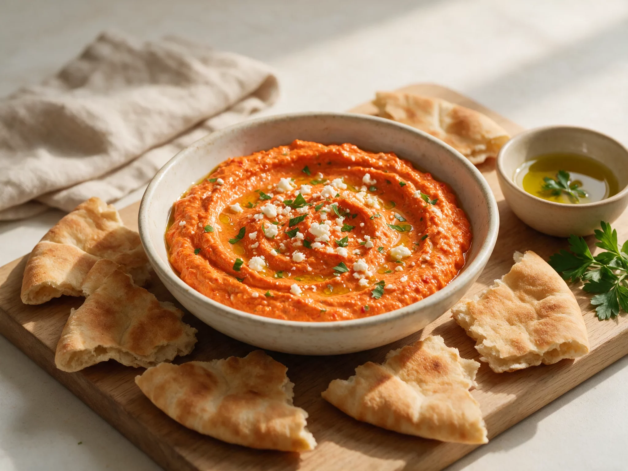 Shallow bowl of roasted red pepper and feta dip with olive oil drizzle and parsley, surrounded by torn pita wedges on a wooden board