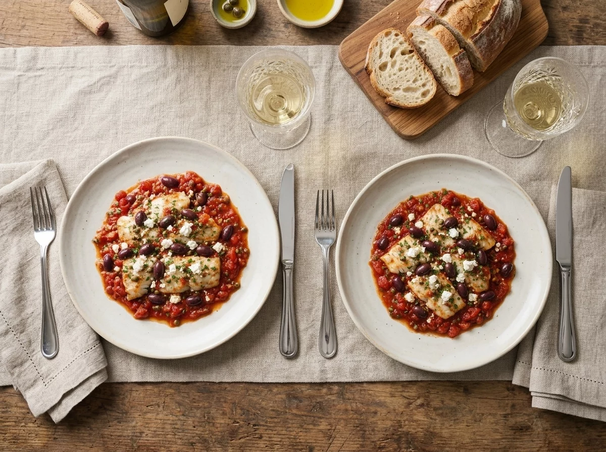 Two plates of Mediterranean baked fish on a linen tablecloth with crusty bread and a glass of white wine