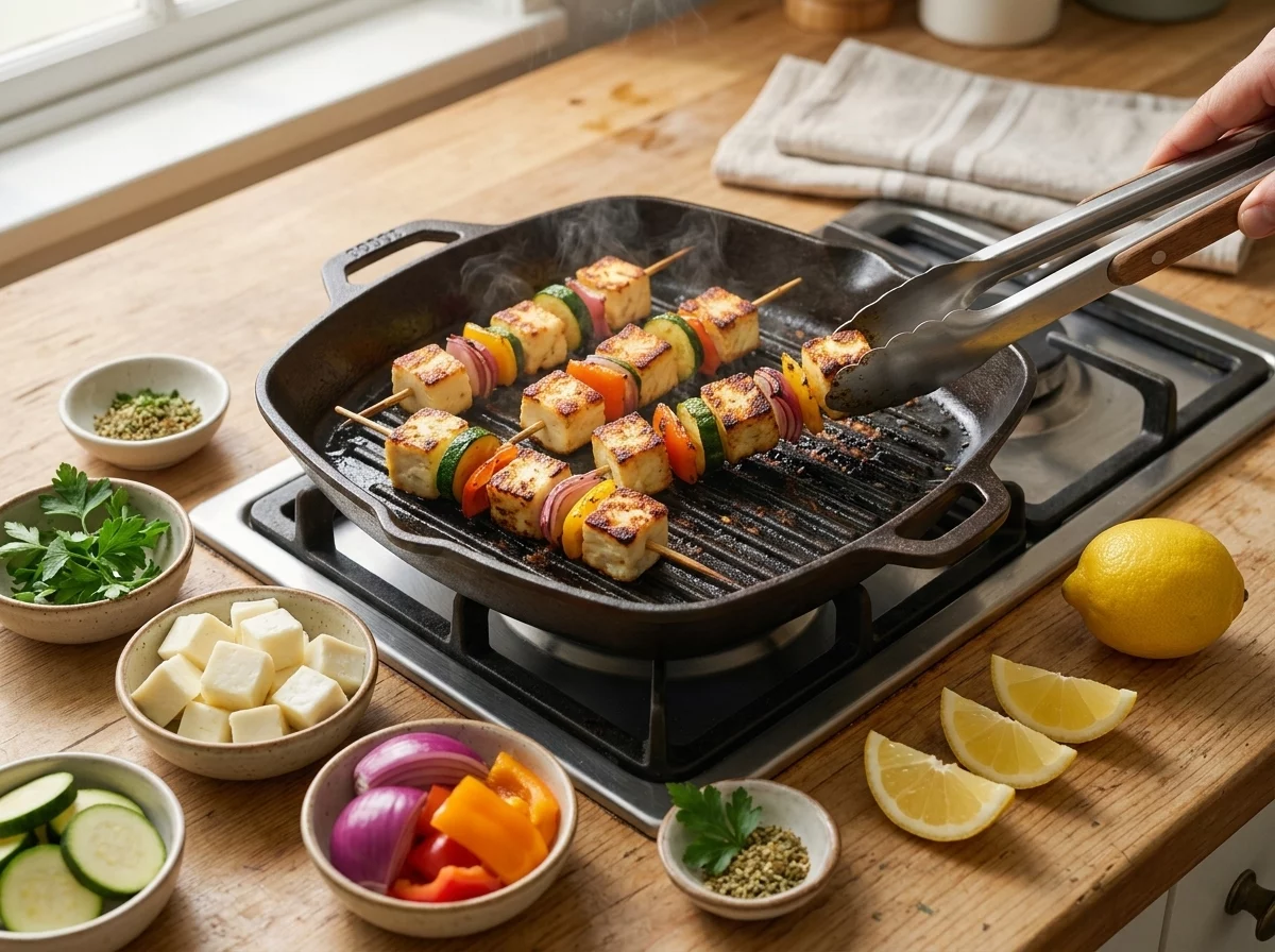 Halloumi and vegetable skewers sizzling with grill marks on a hot cast iron pan, tongs turning one piece