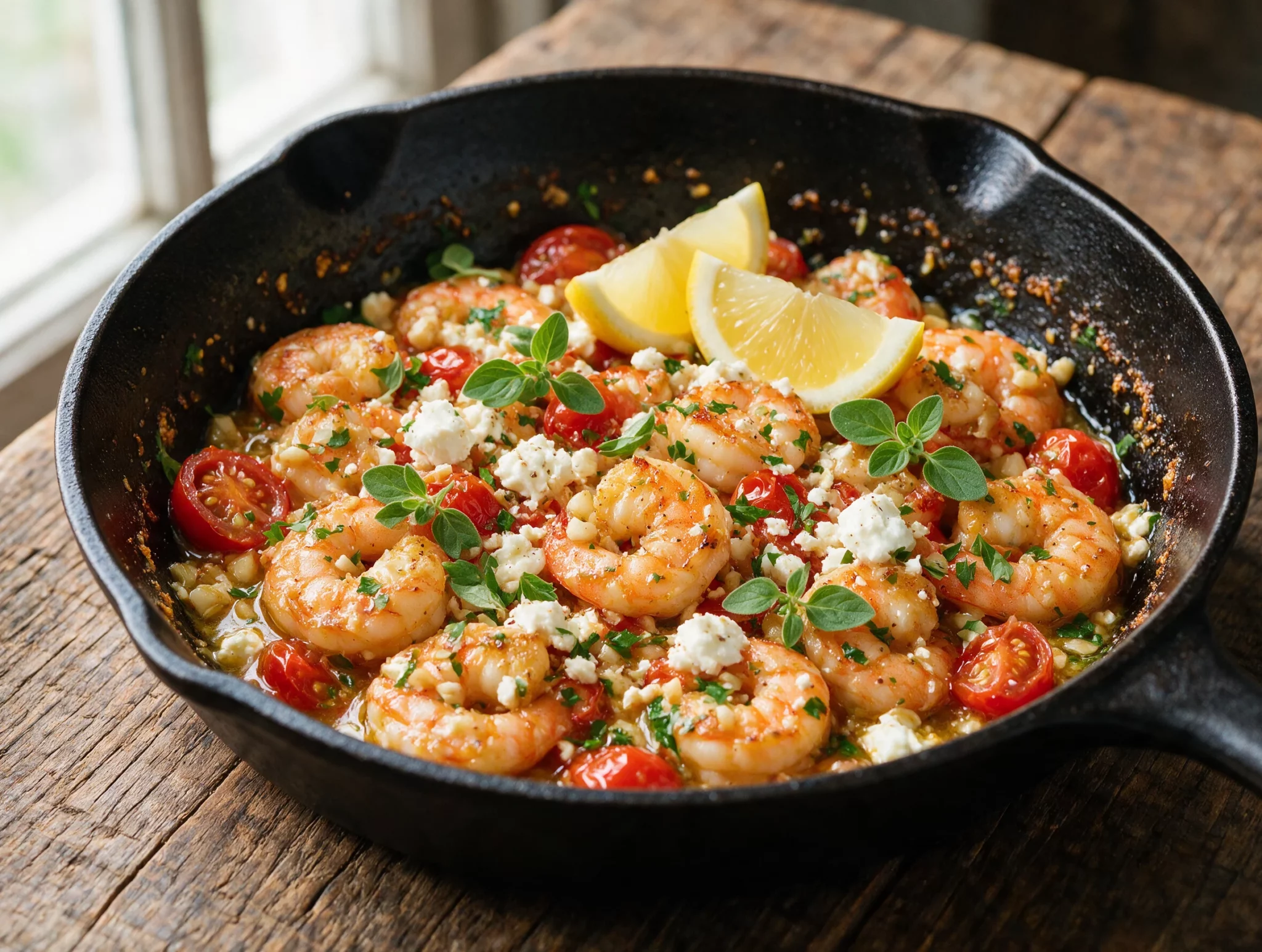 Skillet Lemon Garlic Shrimp with Feta and Herbs