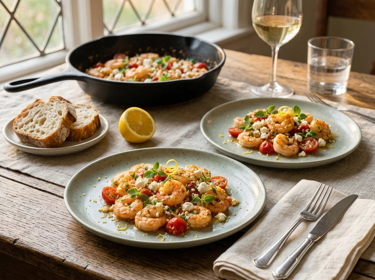 Two plates of lemon garlic shrimp with feta and crusty bread set on a linen tablecloth beside a glass of white wine