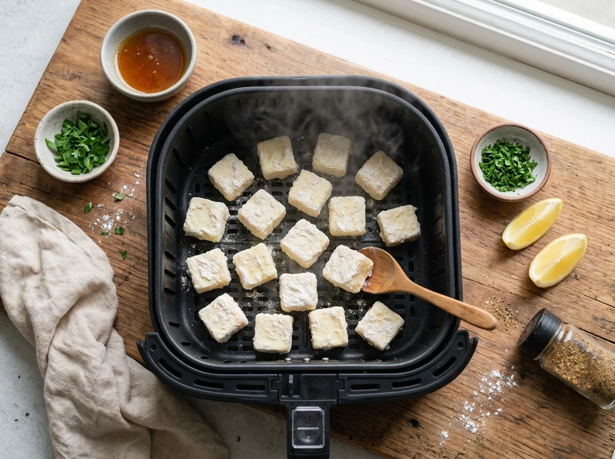 Halloumi cubes coated in cornstarch sitting in a single layer inside an air fryer basket before cooking.
