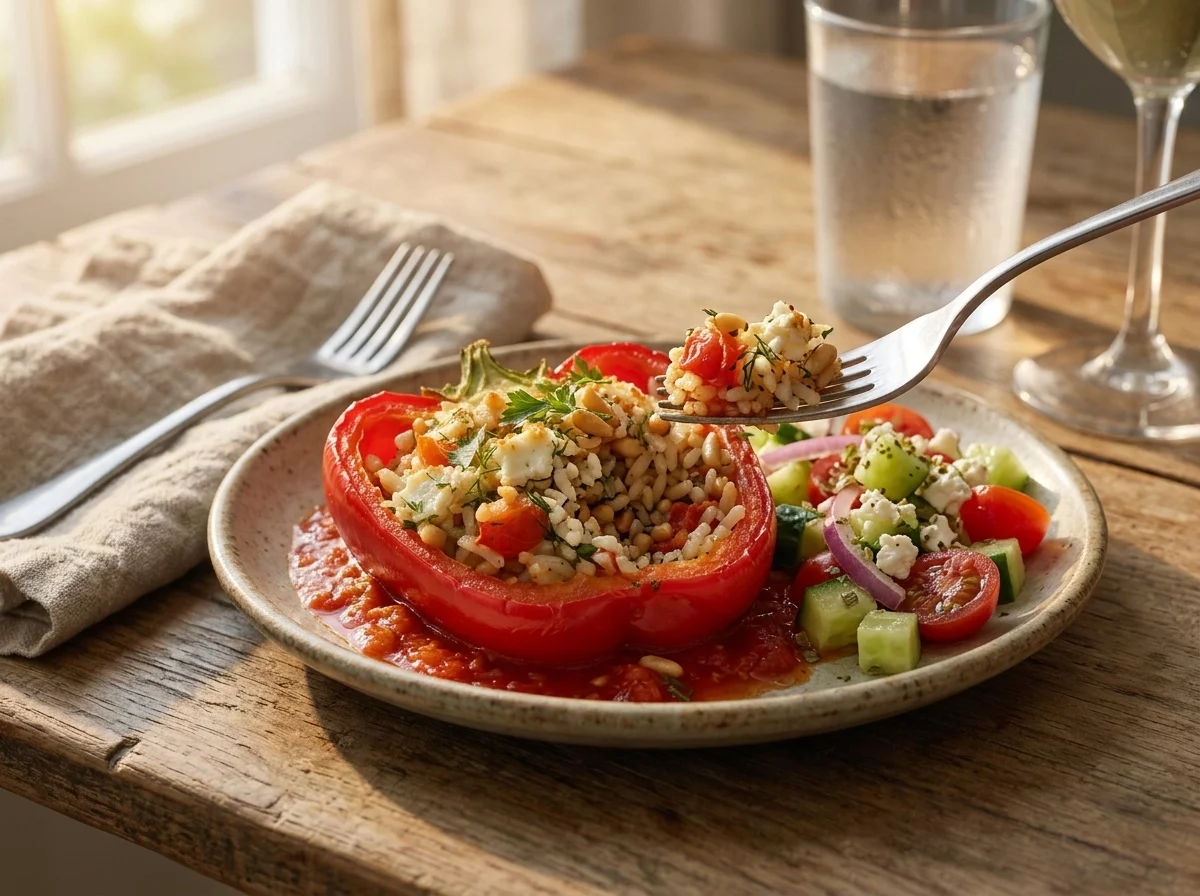 A plated stuffed pepper cut open next to a small Greek salad, linen napkin and fork on a wooden table.