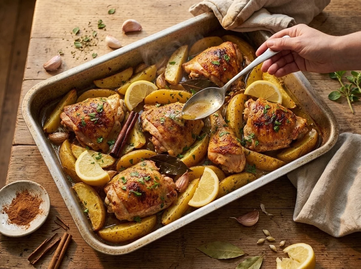 Hand basting crisp-skinned chicken pieces with pan juices over potato wedges in a metal roasting tray