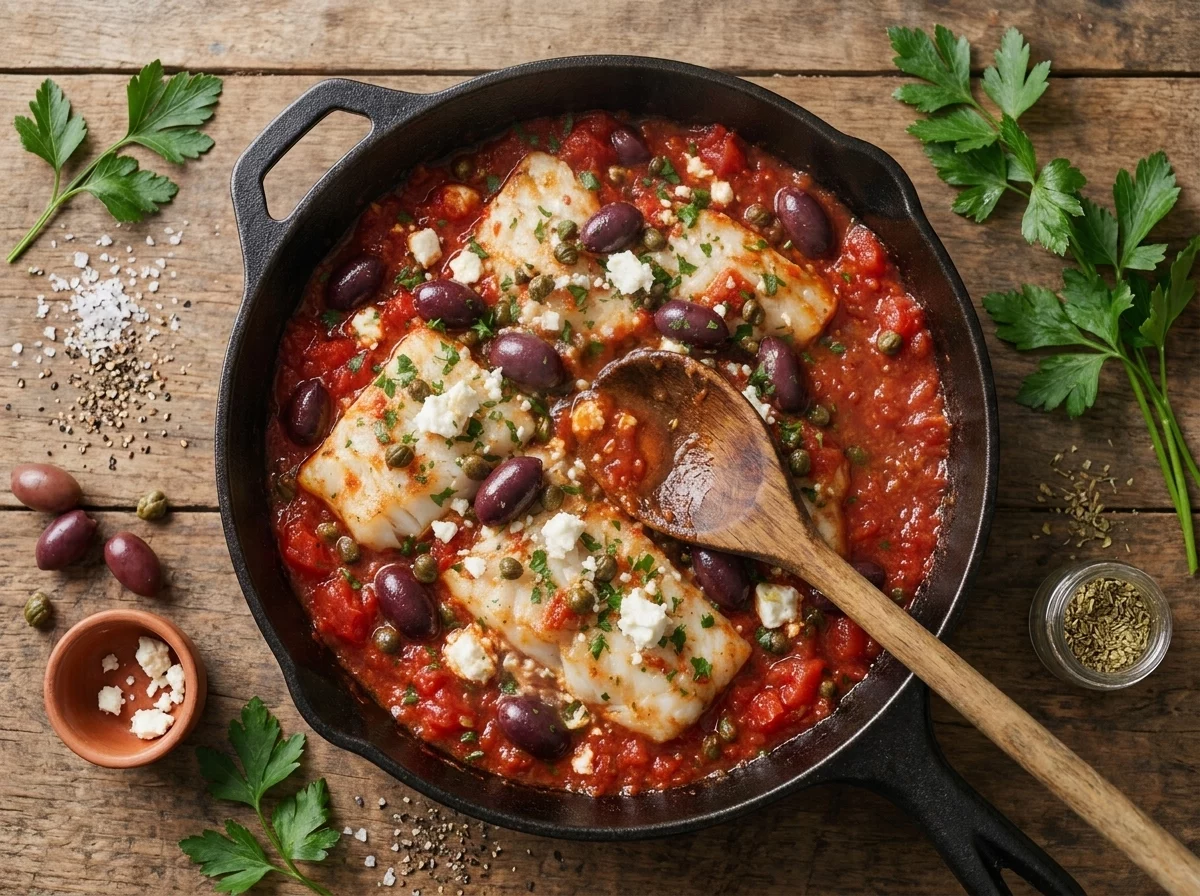 Tomato and olive sauce simmering in a skillet with a wooden spoon stirring capers and diced tomatoes