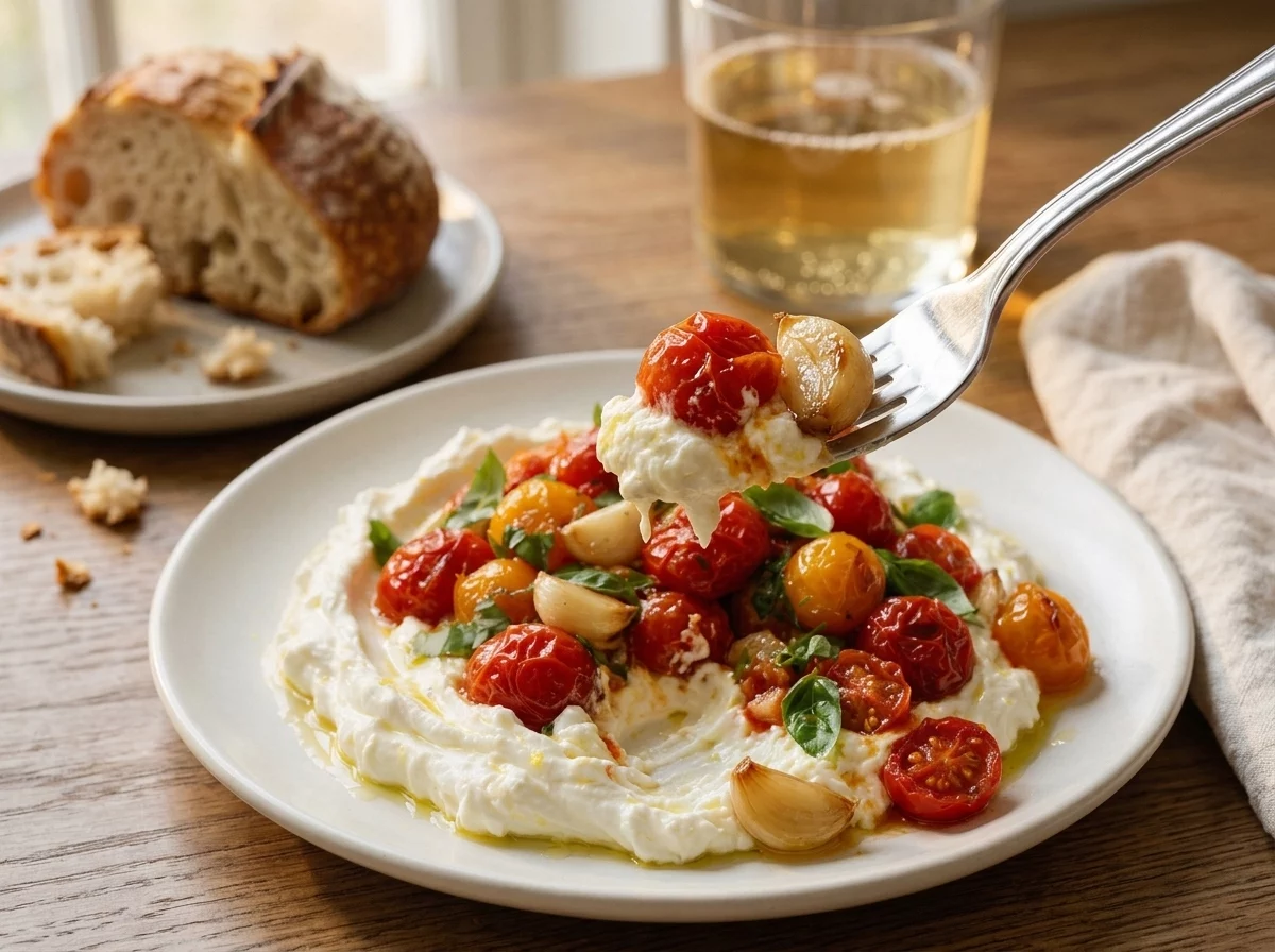Hands tearing crusty bread to scoop whipped feta and roasted tomatoes, linen napkin and wine glass on a wooden table.