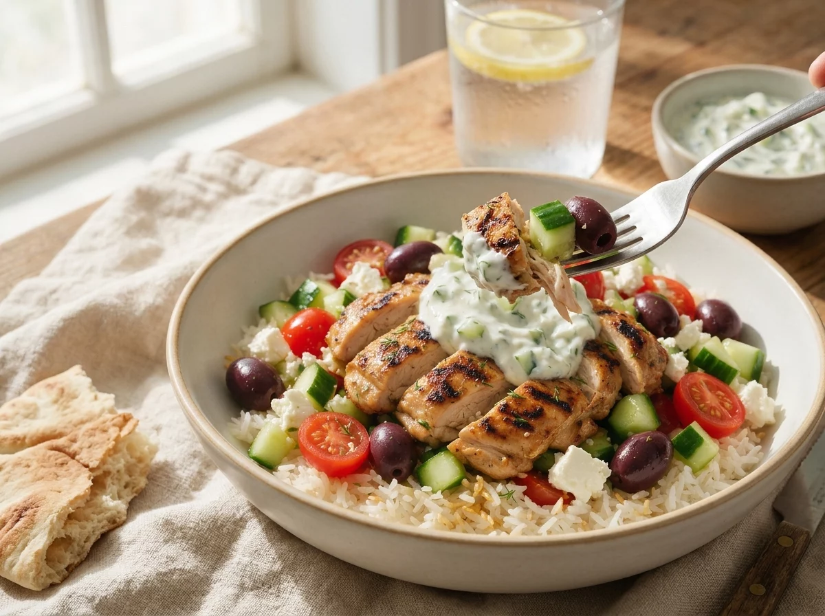 A hand tearing warm pita beside a filled chicken bowl, with a linen napkin and water glass on a sunlit table.