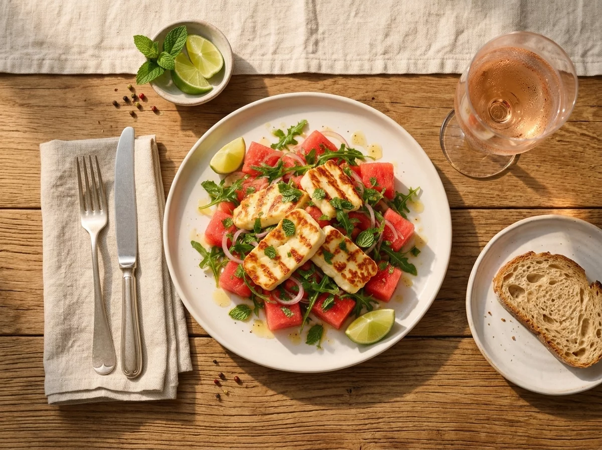 Plate of grilled halloumi and watermelon salad on an outdoor table with a linen napkin and glass of rosé
