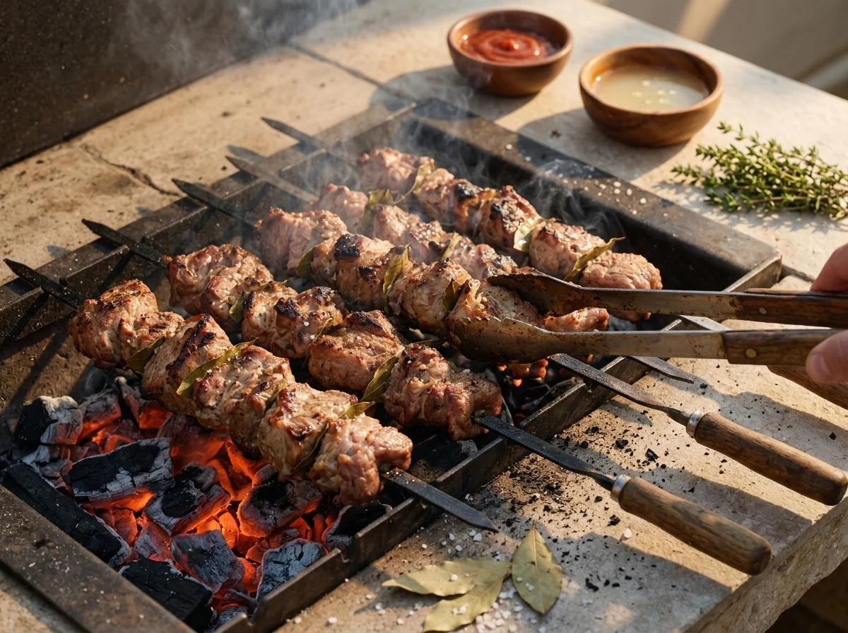 Long skewers of raw pork chunks and bay leaves turning over glowing charcoal embers with smoke rising from the fire