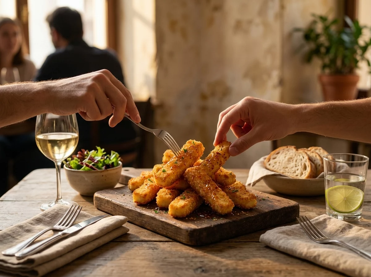 Two people reaching for halloumi fries on a shared wooden board with wine glasses and a linen napkin on the table