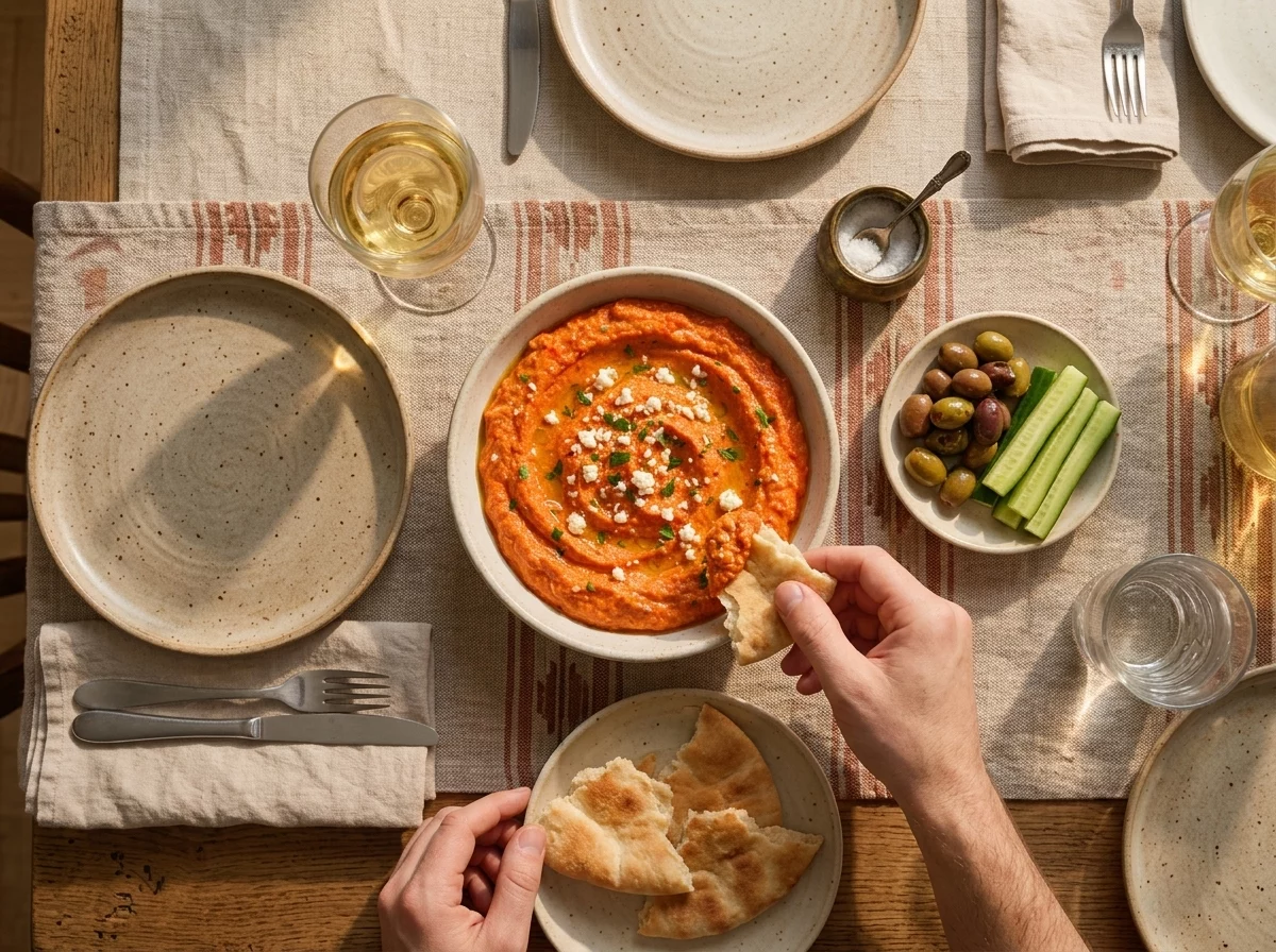 Hands tearing warm pita to scoop dip at a linen-covered table with cucumber sticks and a glass of wine nearby