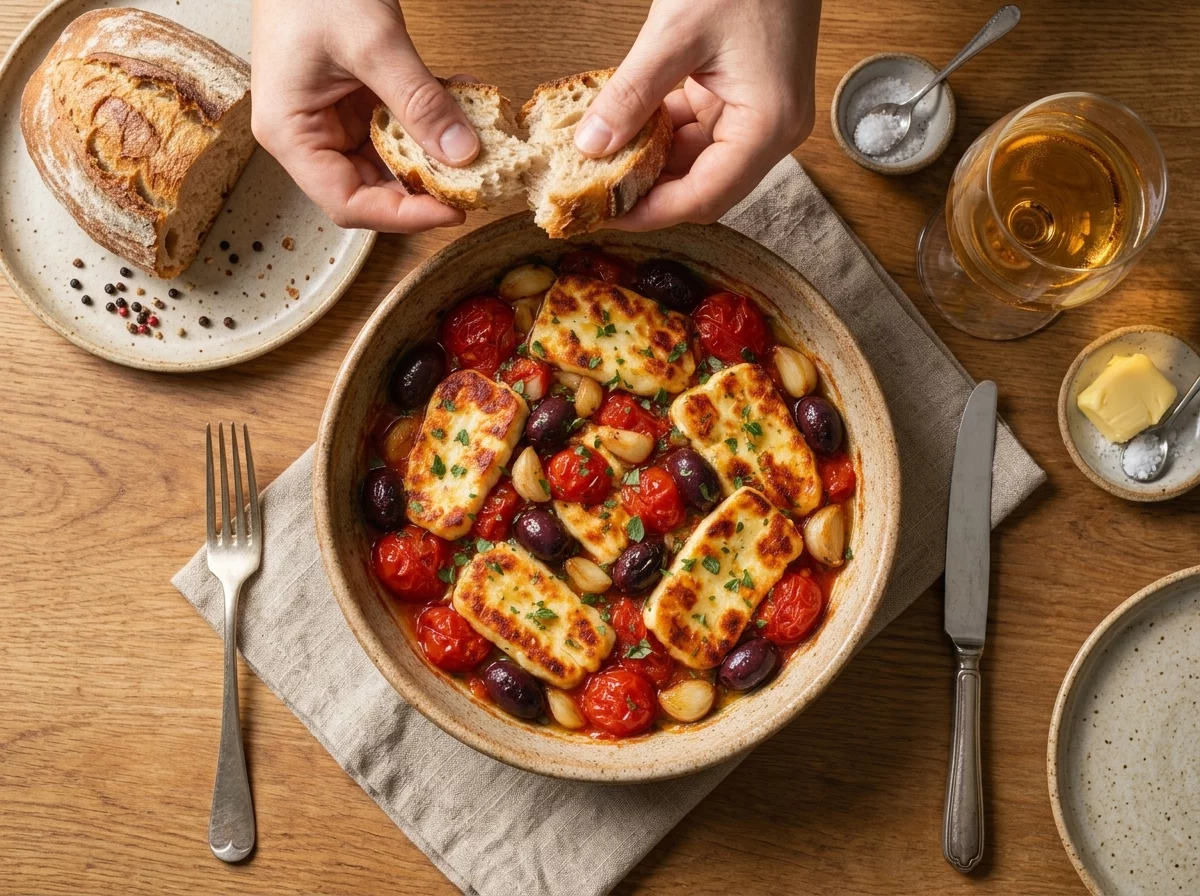 Hands tearing crusty bread beside a warm dish of baked halloumi, tomatoes, and olives on a linen-topped dining table