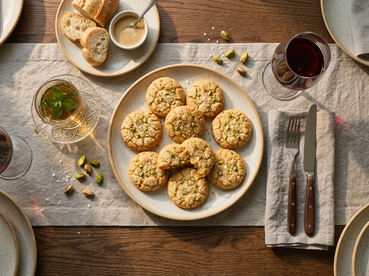 Stack of pistachio tahini cookies on a linen napkin beside a cup of mint tea on a rustic wooden table.