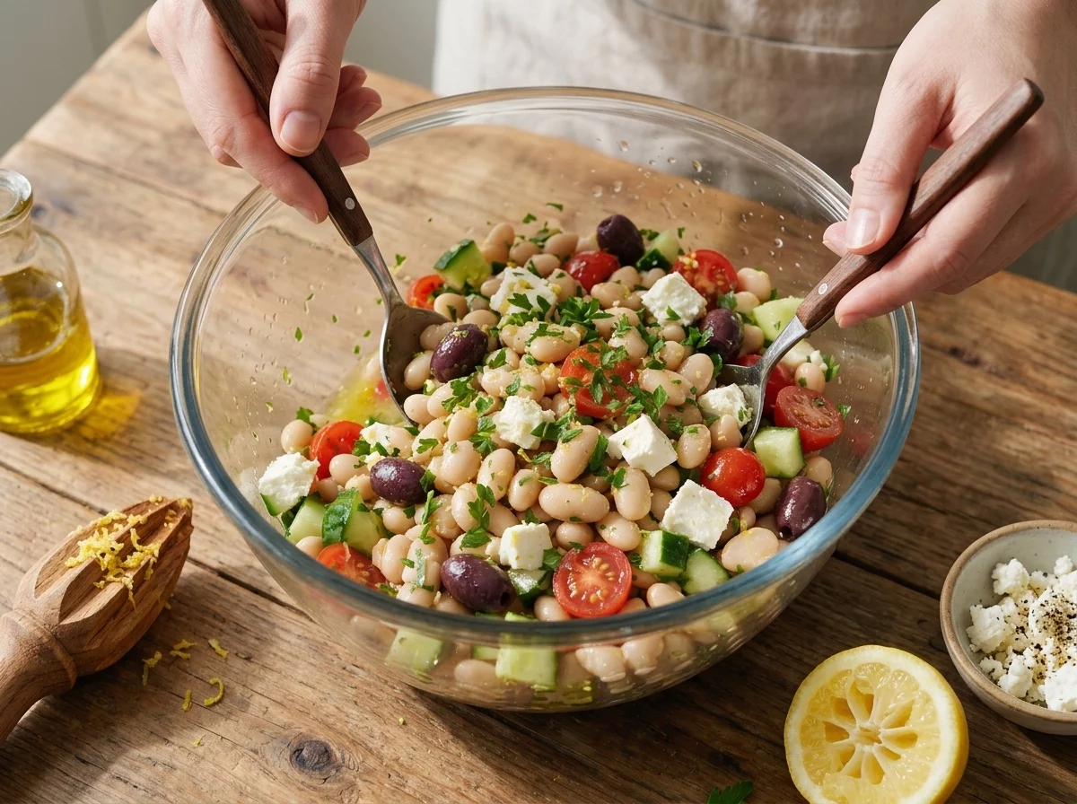 Hands tossing white beans, cherry tomatoes, and red onion in a glass mixing bowl with a wooden spoon on a marble counter.