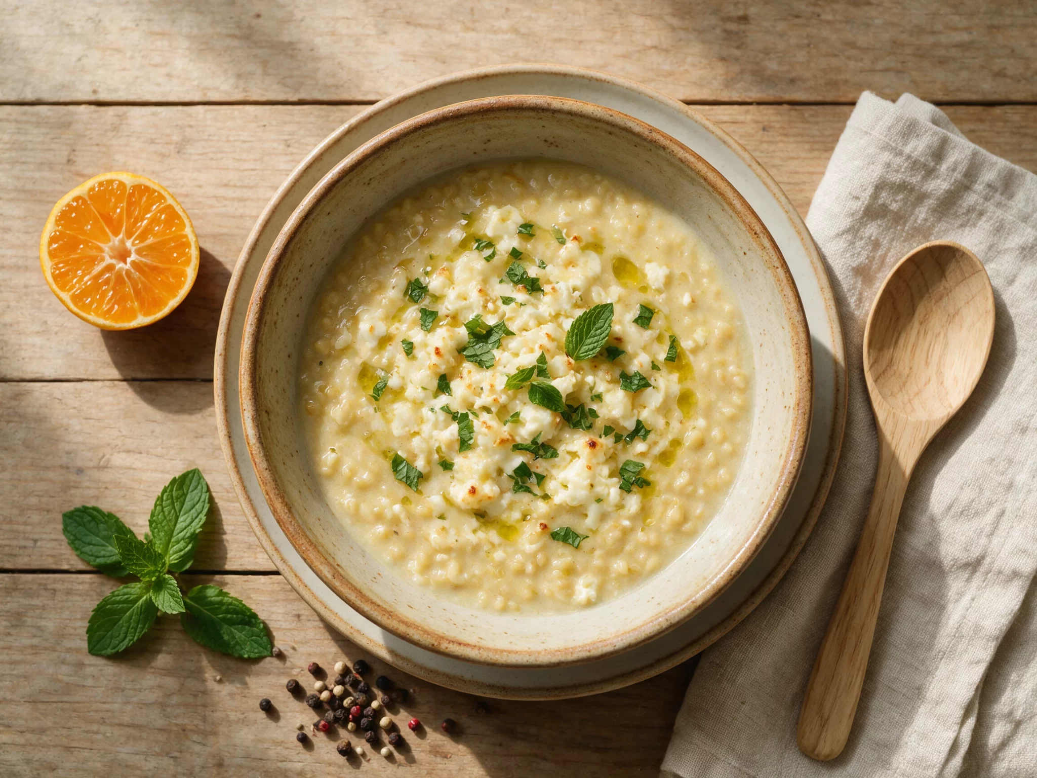 Bowl of thick Cypriot trahana soup topped with melted grated halloumi and fresh mint, olive oil drizzled over the surface