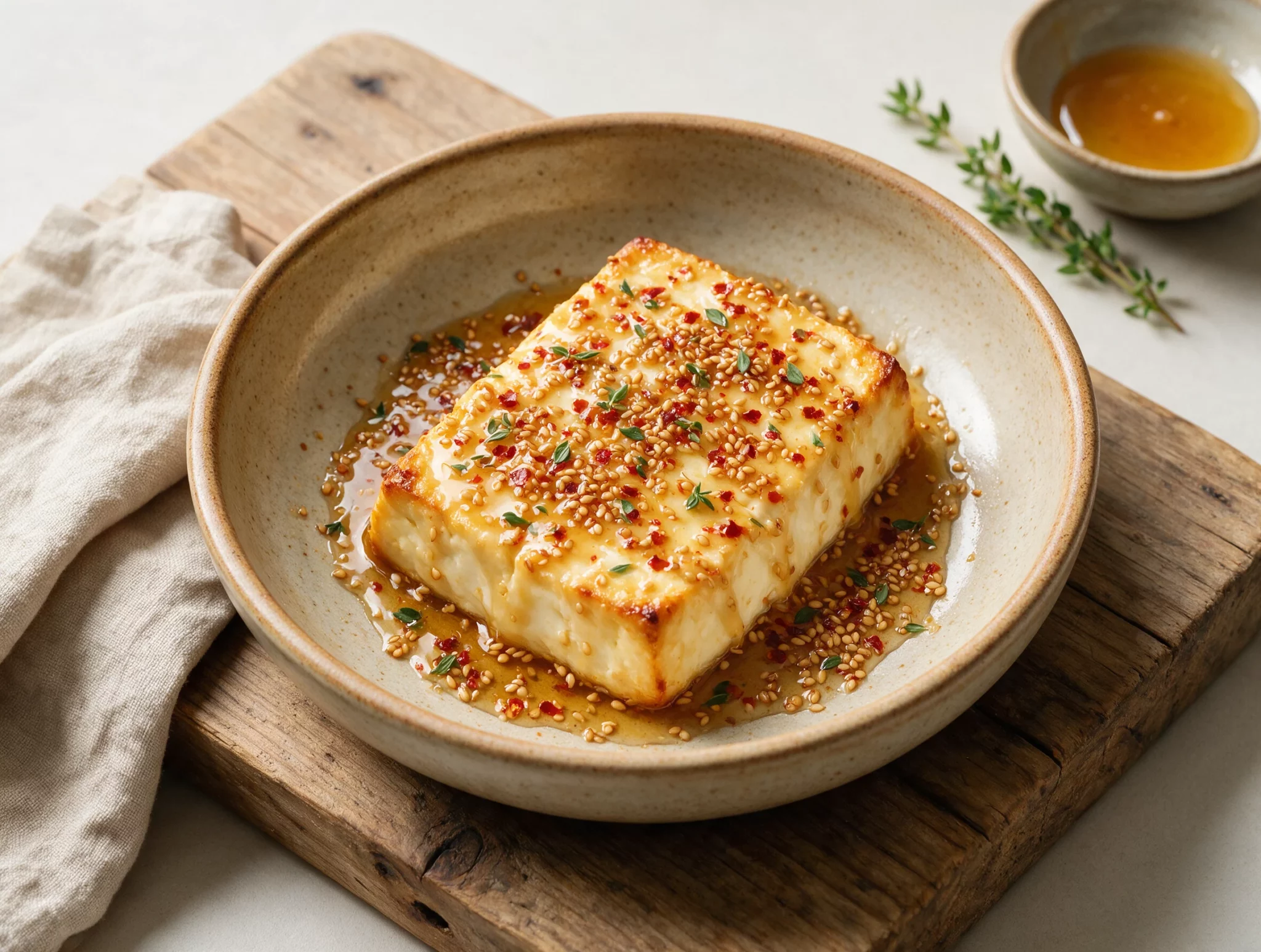 Warm Baked Feta with Honey, Sesame and Chili Flakes