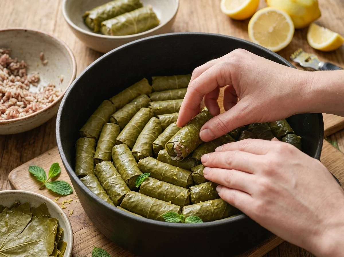 Hands rolling rice and meat filling inside a grape leaf on a wooden board, with a bowl of raw filling close by