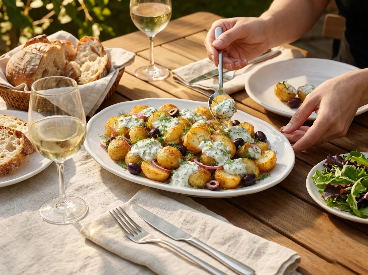 Outdoor table scene with a shared platter of potato salad, glass of white wine, and linen napkin in warm afternoon light