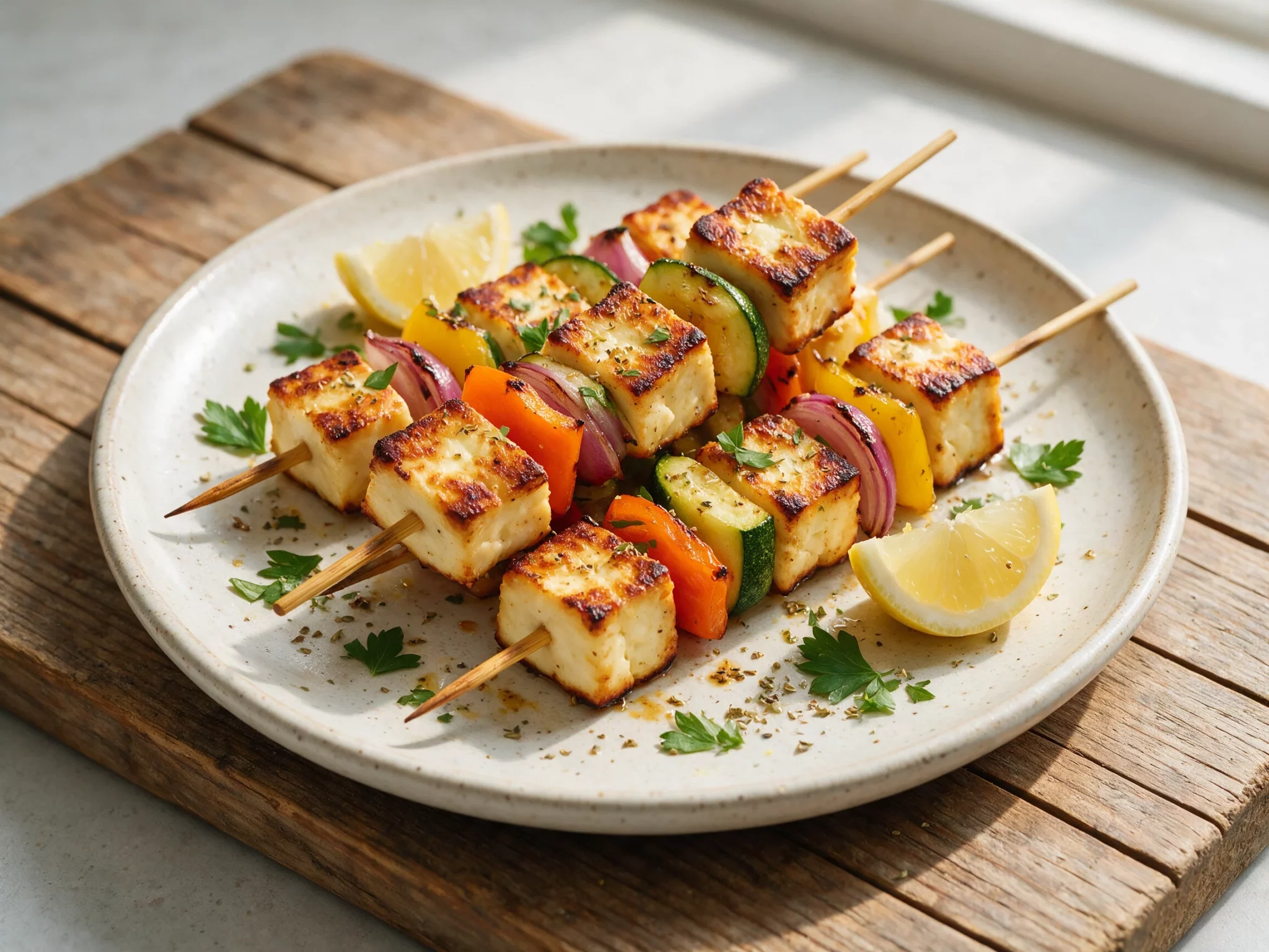 Charred halloumi souvlaki skewers with peppers and onion arranged on a wooden board with lemon wedges and parsley