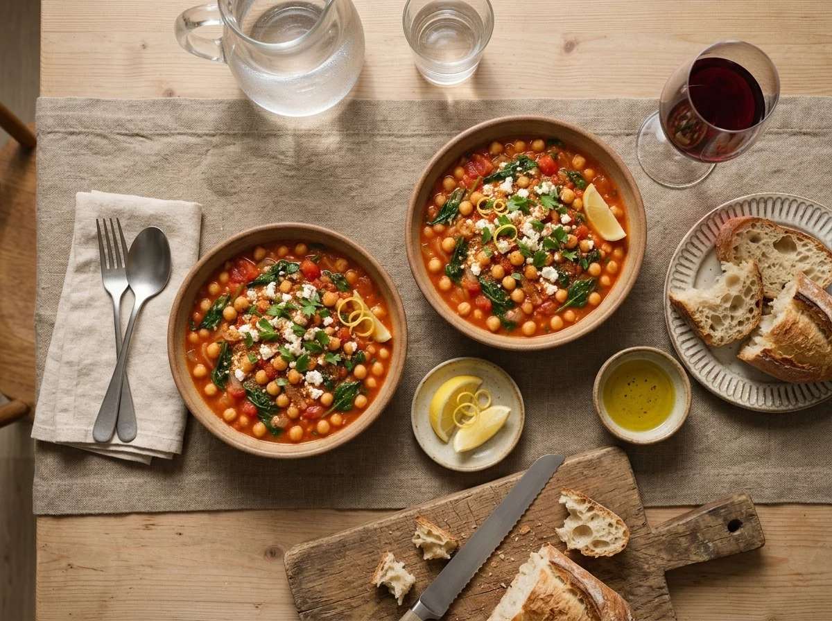 Two bowls of chickpea stew set on a linen napkin with torn crusty bread and a glass of water at dinner