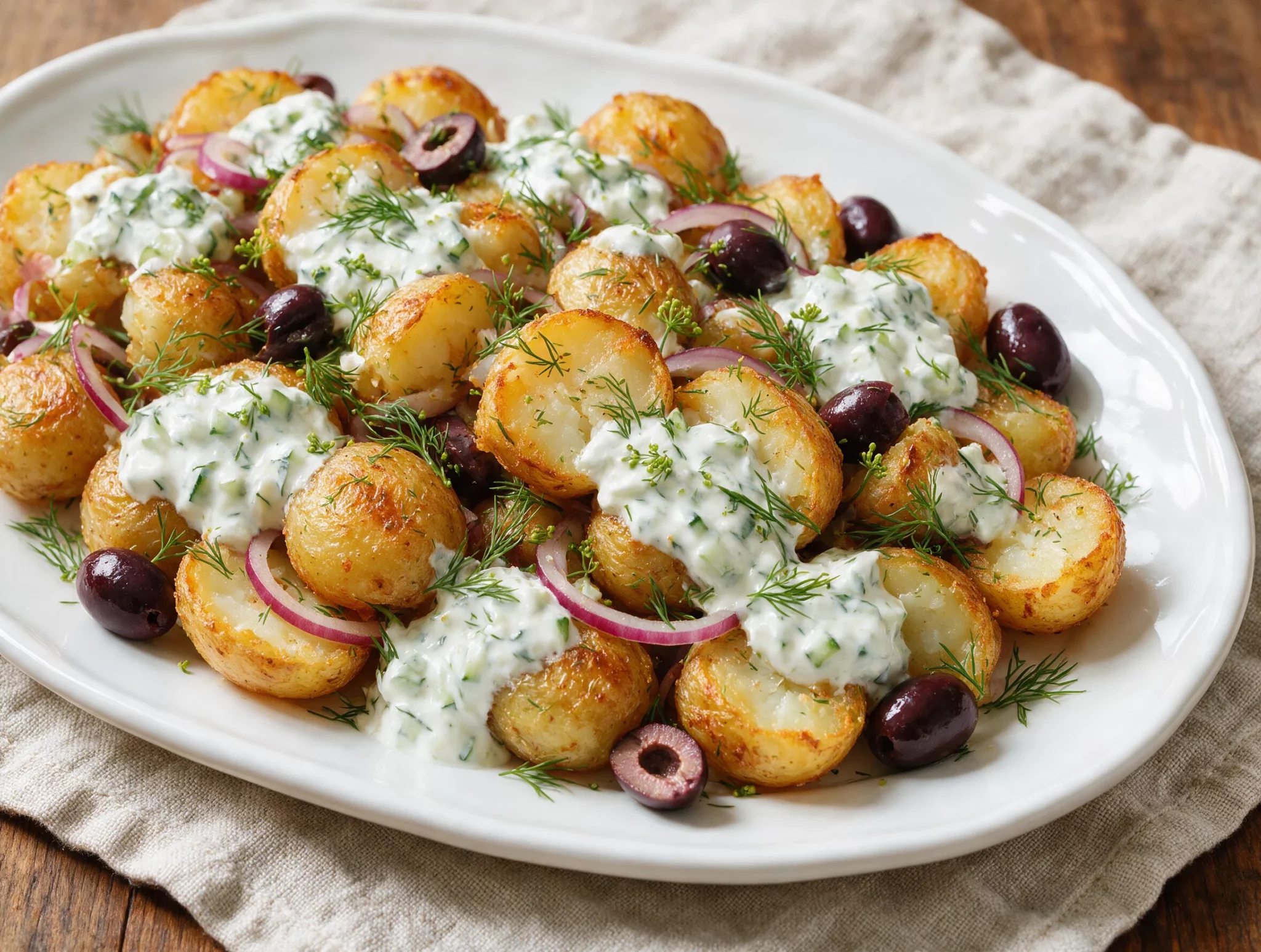Overhead view of crispy roasted potato salad topped with dollops of tzatziki, red onion, and fresh dill on a white platter