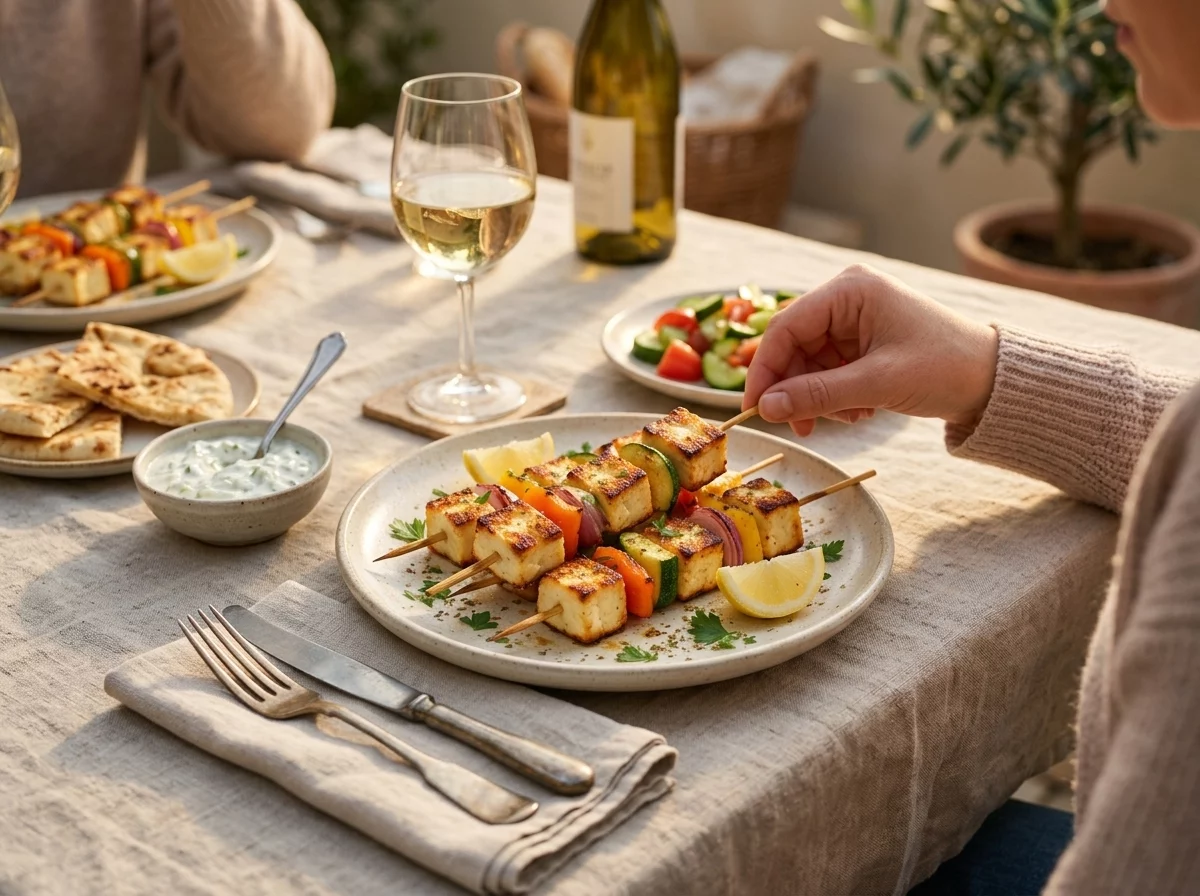 Table set with grilled halloumi skewers, pita, and tzatziki, hands reaching for a skewer in warm evening light
