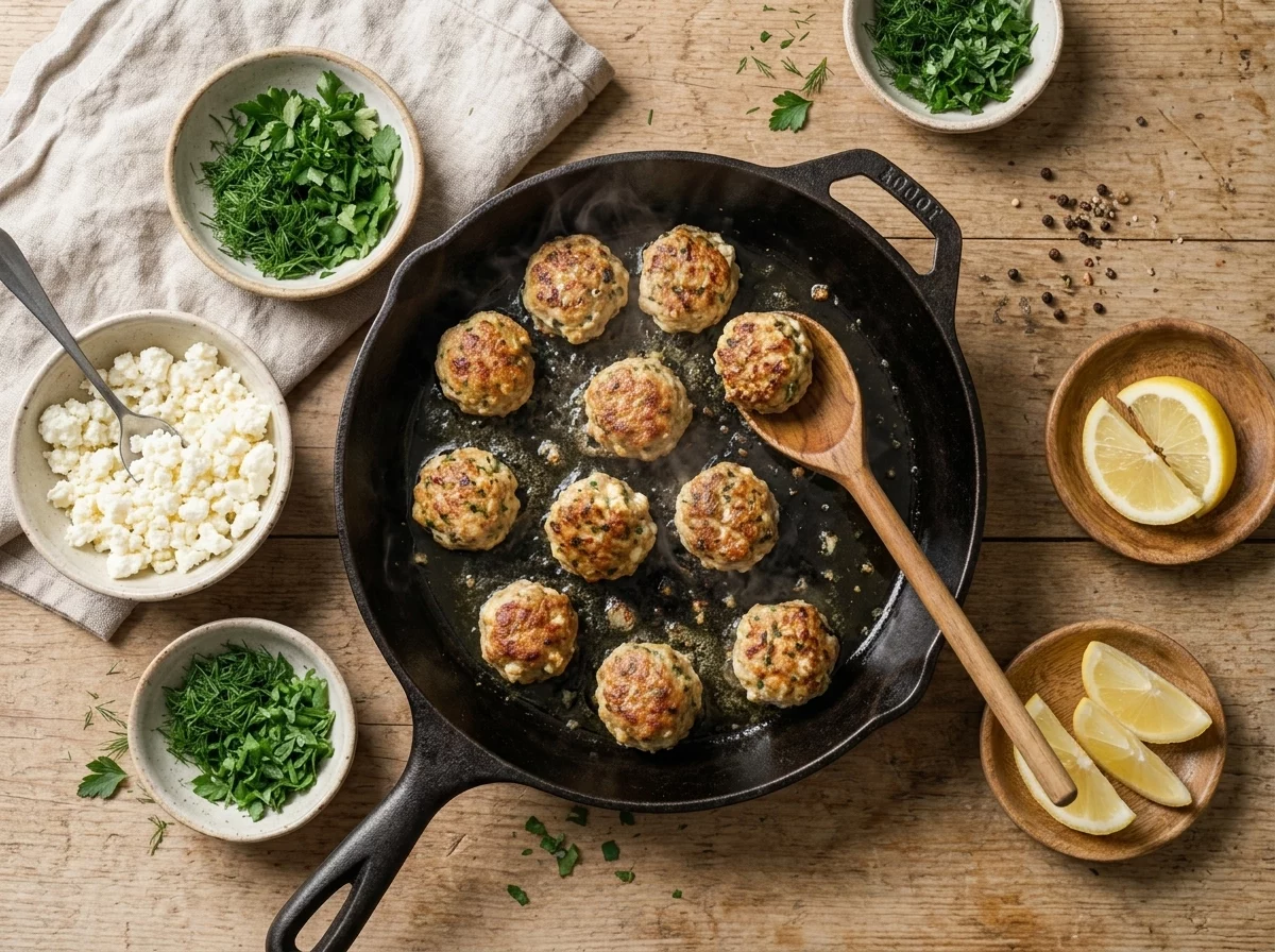 Turkey meatballs browning in batches in a cast iron skillet with visible golden crust and a wooden spoon nearby