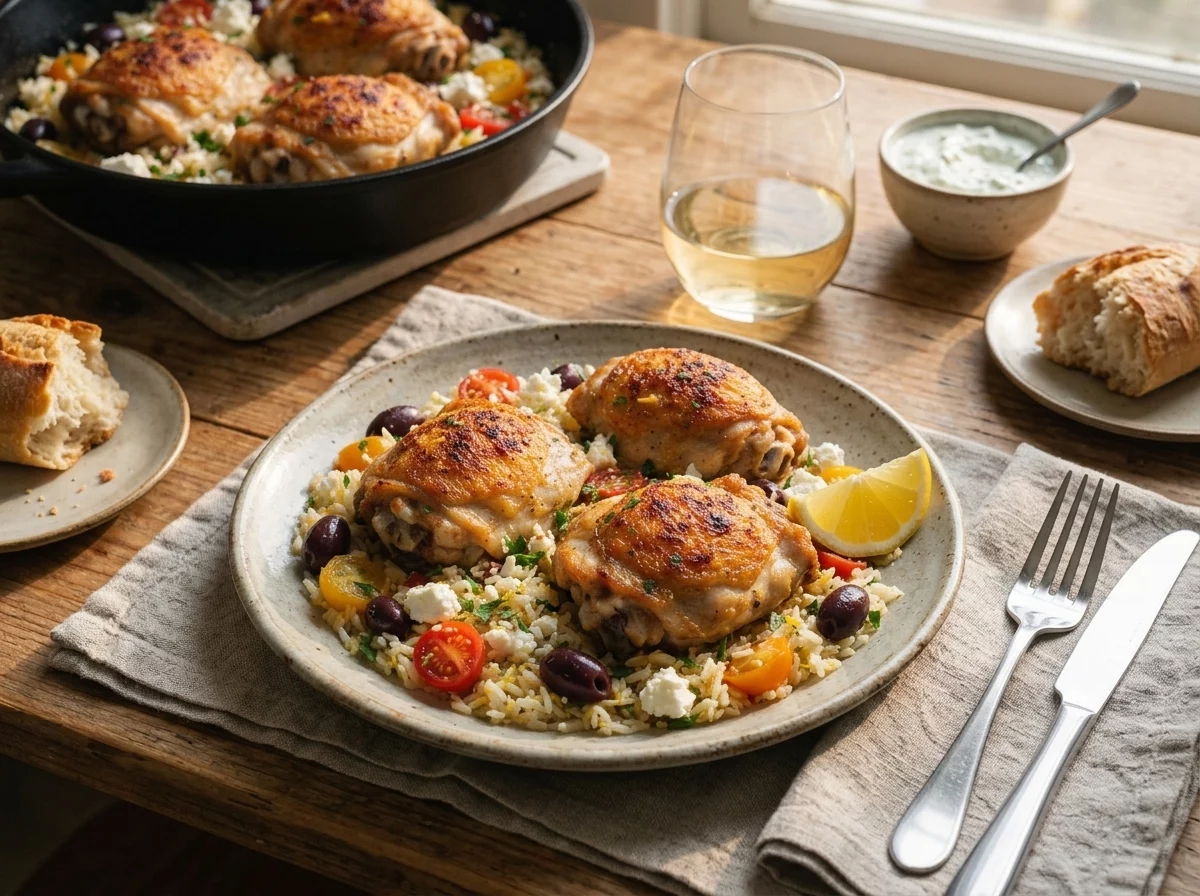 A plated serving of lemony chicken and rice with a lemon wedge, linen napkin, and glass of wine on a wooden table
