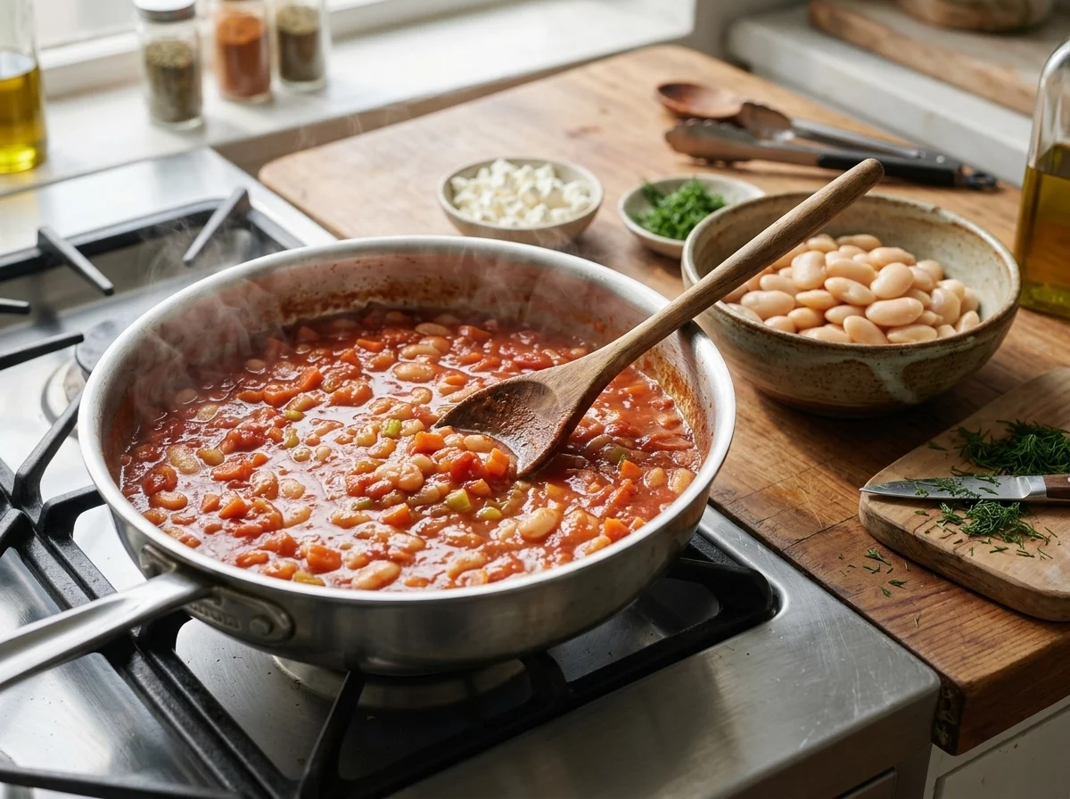 Wooden spoon stirring simmering tomato sauce with diced carrot and celery in a skillet before it's poured over cooked butter beans