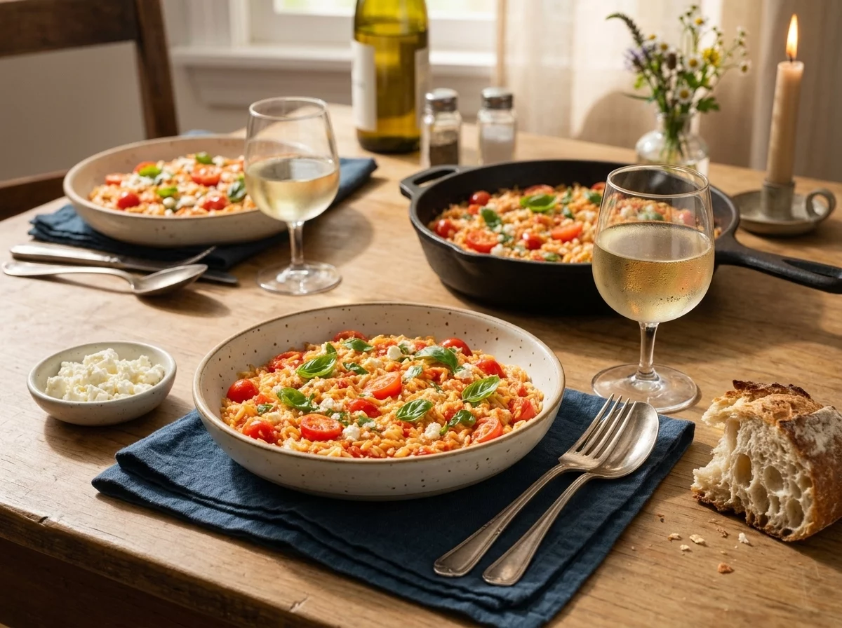 Bowl of tomato feta orzo on a linen napkin with crusty bread and a glass of wine on the table