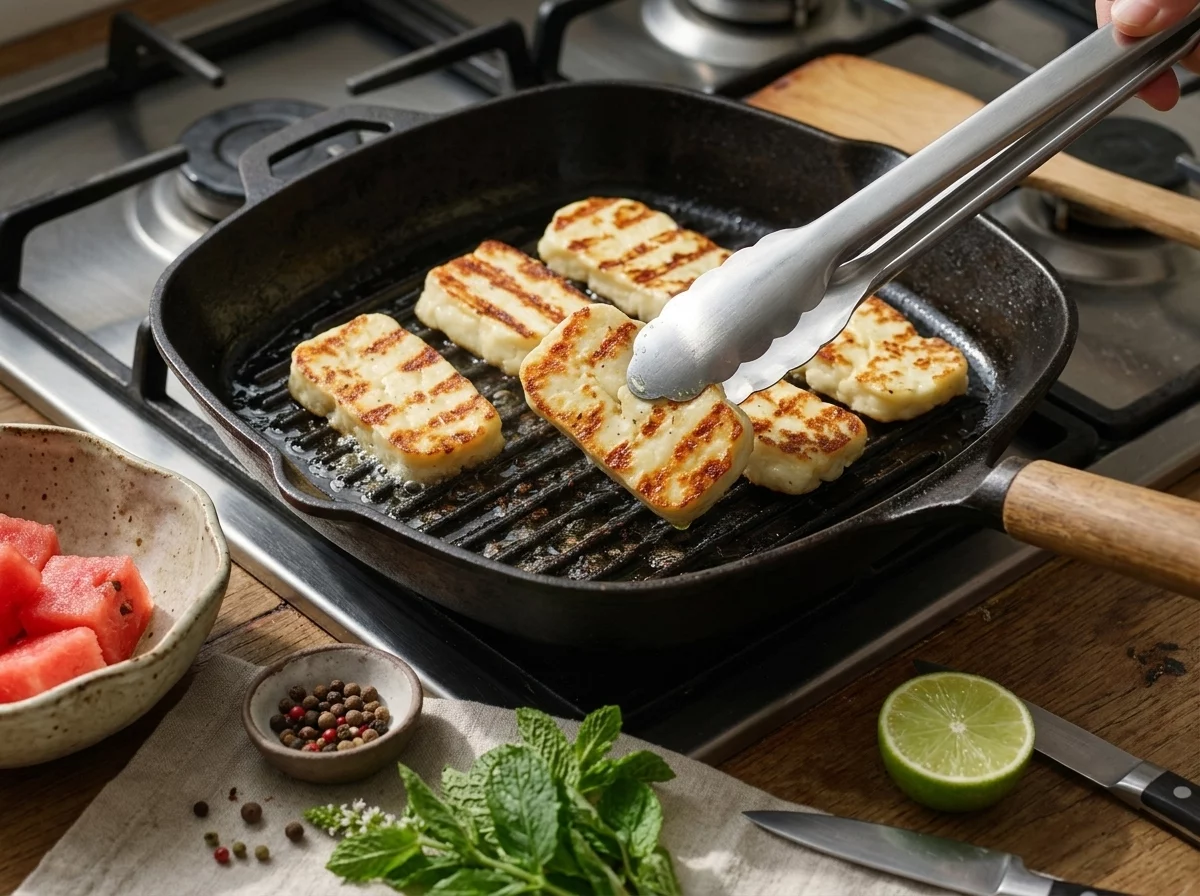 Halloumi cheese slices searing in a cast iron grill pan with golden grill marks forming on the surface