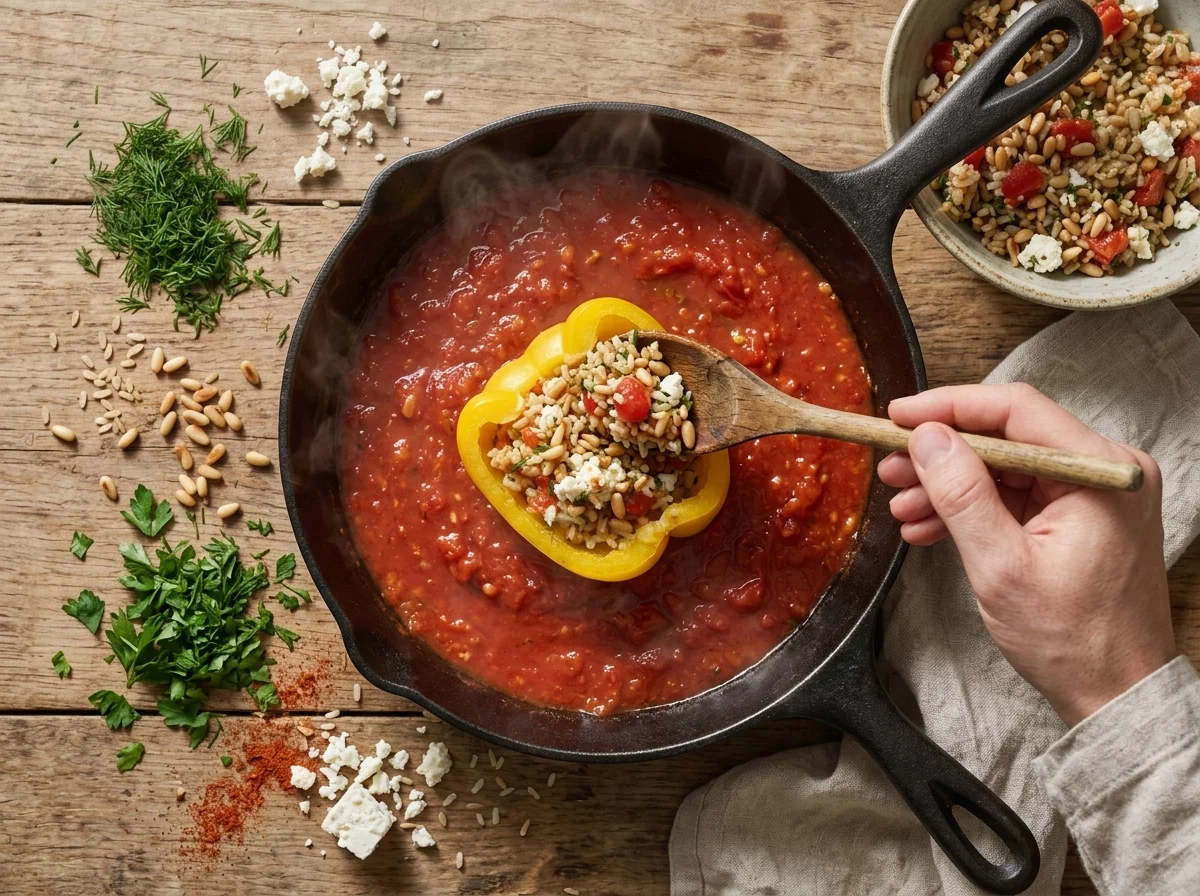 Rice and herb filling being spooned into a halved raw bell pepper over a skillet of simmering tomato sauce.