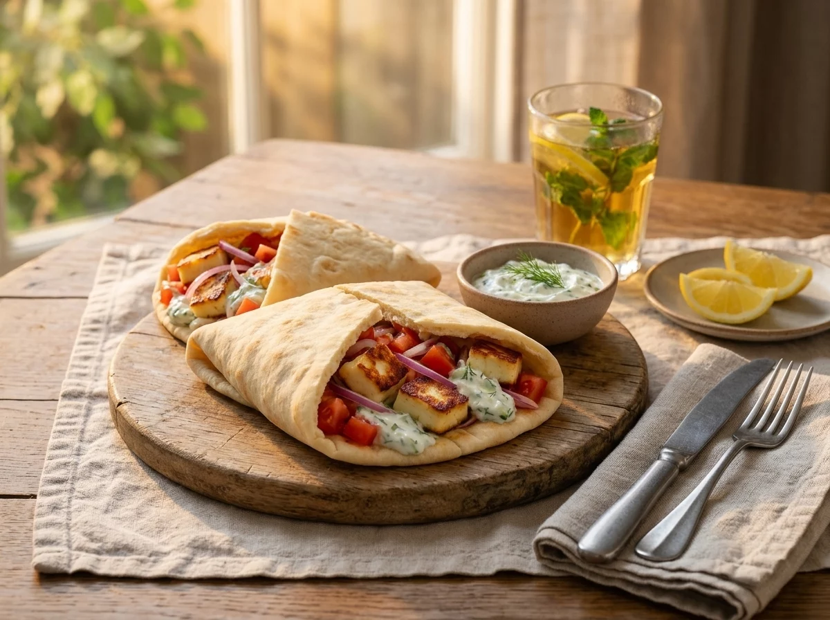 Two halloumi pita wraps stacked on a linen napkin beside a small bowl of tzatziki and lemon wedges